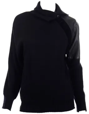 1980s Gianfranco Ferre Vintage Black Wool Sweater Top w Leather Trim