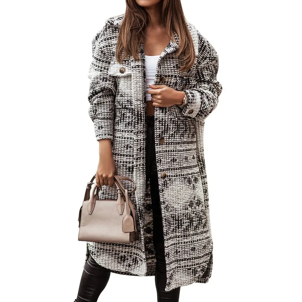 2024 Winter Checked Women Jacket Turn Down Plaid Long Oversize Thin Retro Female Streetwear Coat