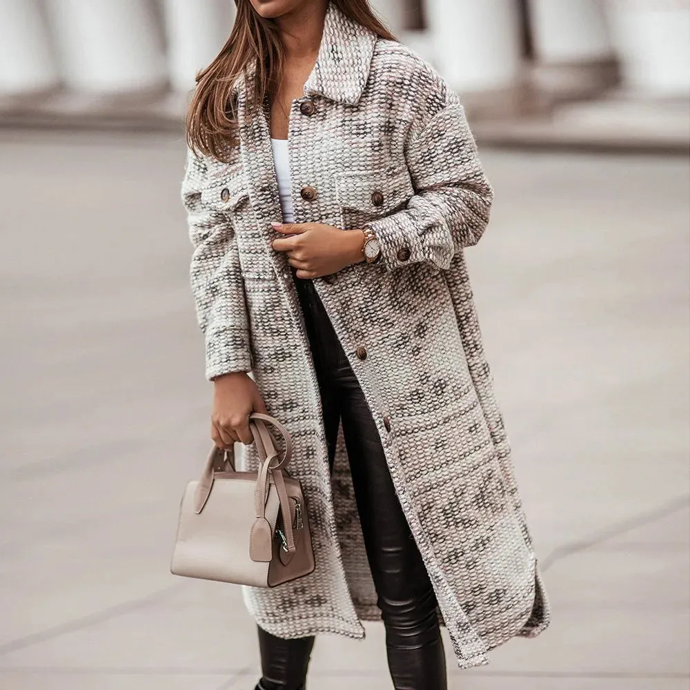 2024 Winter Checked Women Jacket Turn Down Plaid Long Oversize Thin Retro Female Streetwear Coat