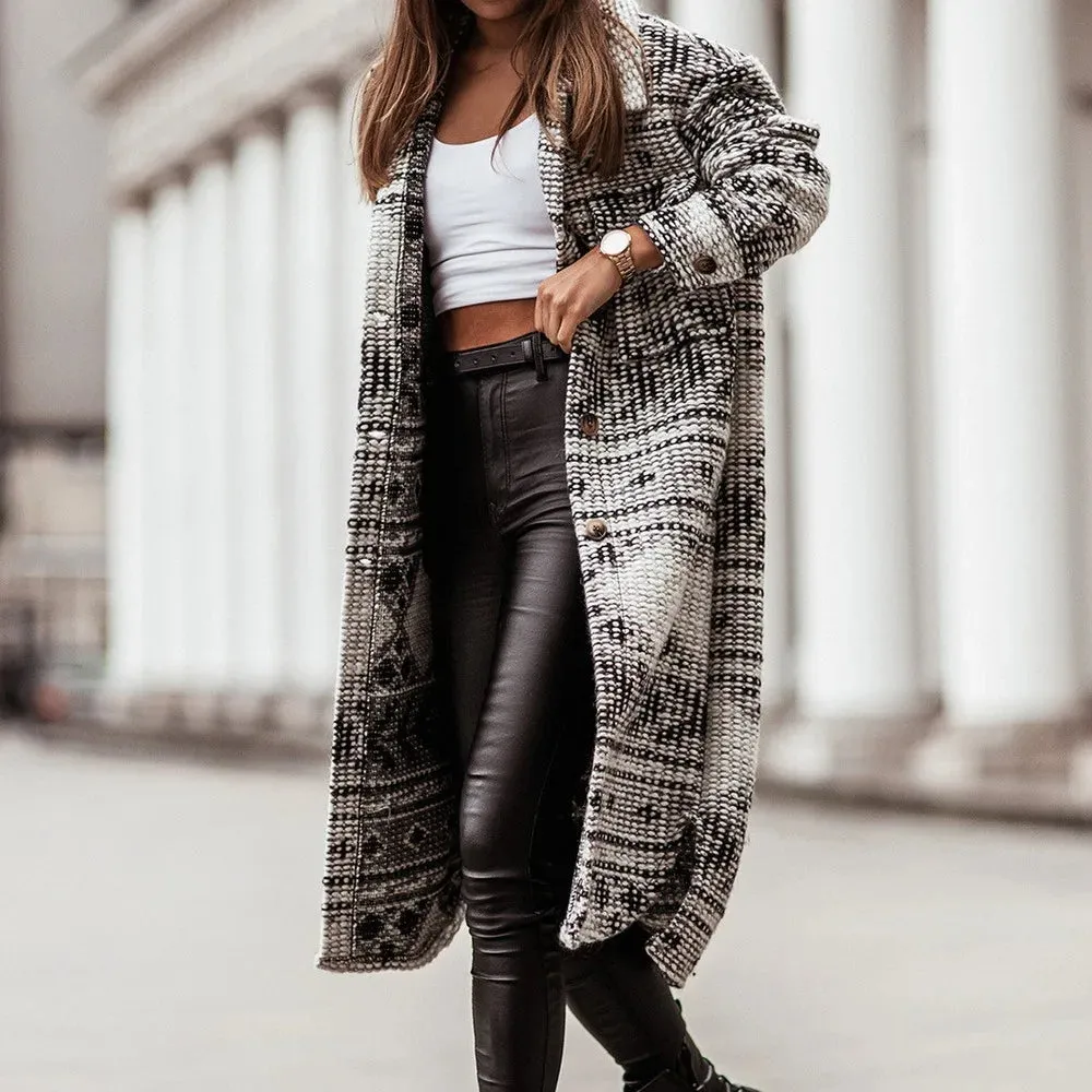 2024 Winter Checked Women Jacket Turn Down Plaid Long Oversize Thin Retro Female Streetwear Coat