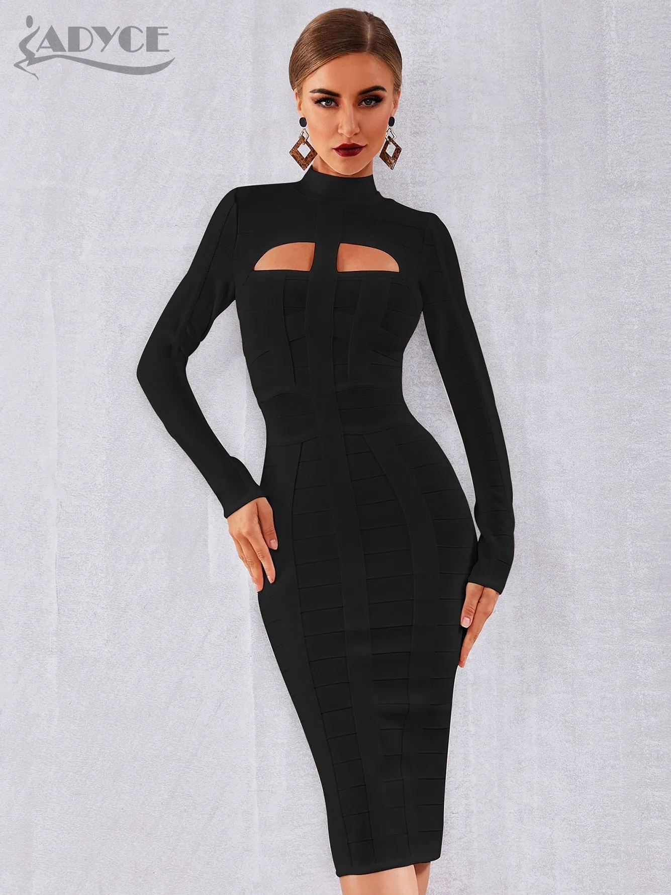 Adyce Solid High Neck Evening Dress