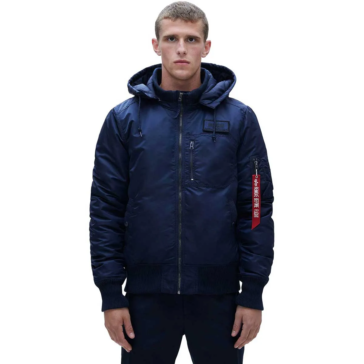 Alpha Industries Men's Replica Blue MA-1 Hooded Rib Flight Jacket