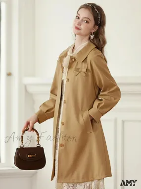 Autumn Khaki England Style Retro Mid-length Turn-down Collar Solid Coat