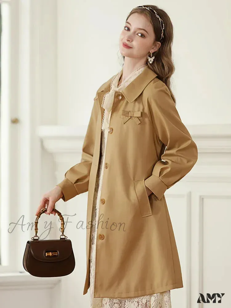 Autumn Khaki England Style Retro Mid-length Turn-down Collar Solid Coat