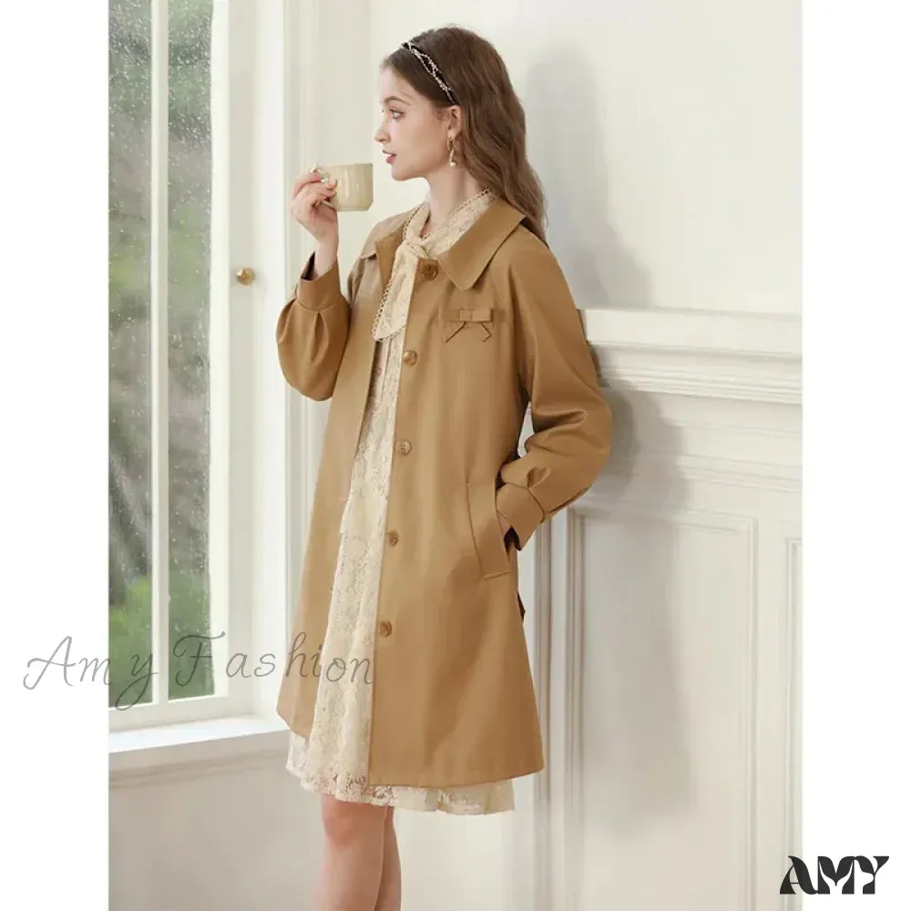 Autumn Khaki England Style Retro Mid-length Turn-down Collar Solid Coat