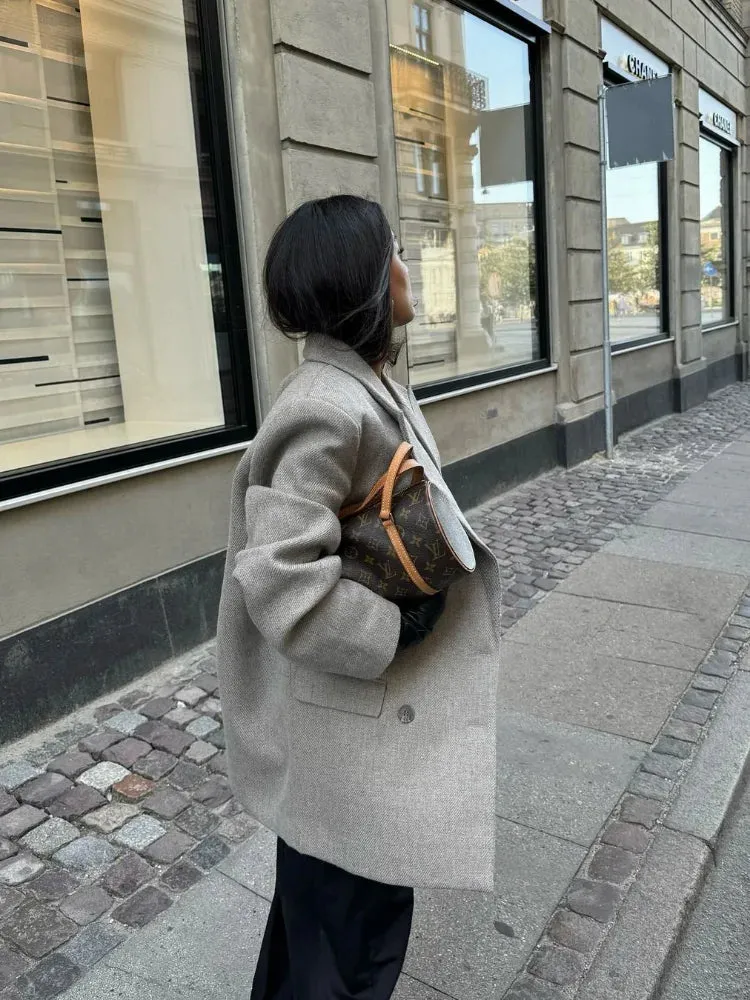 Back To School Joskaa Lapel Double Breasted Women's Suit Jacket Flip Pocket Long Sleeved Solid Color Coat Autumn High Street Commuter Office Outerwear