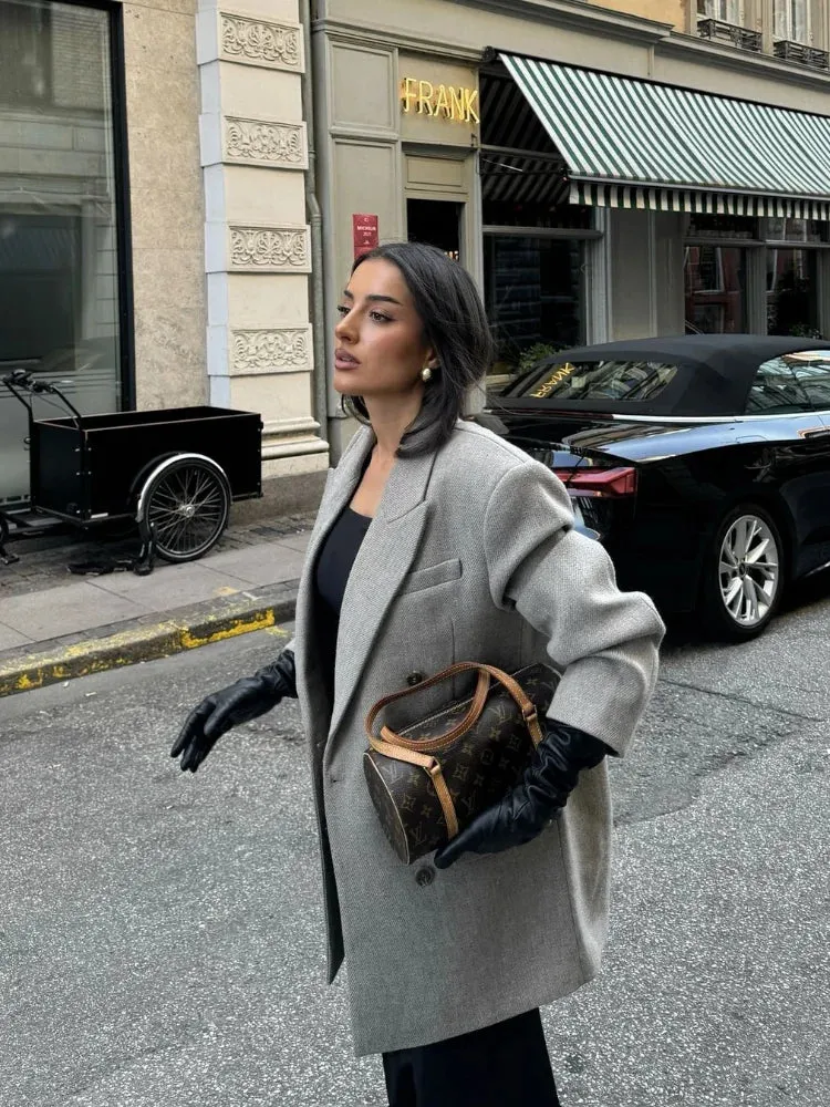 Back To School Joskaa Lapel Double Breasted Women's Suit Jacket Flip Pocket Long Sleeved Solid Color Coat Autumn High Street Commuter Office Outerwear