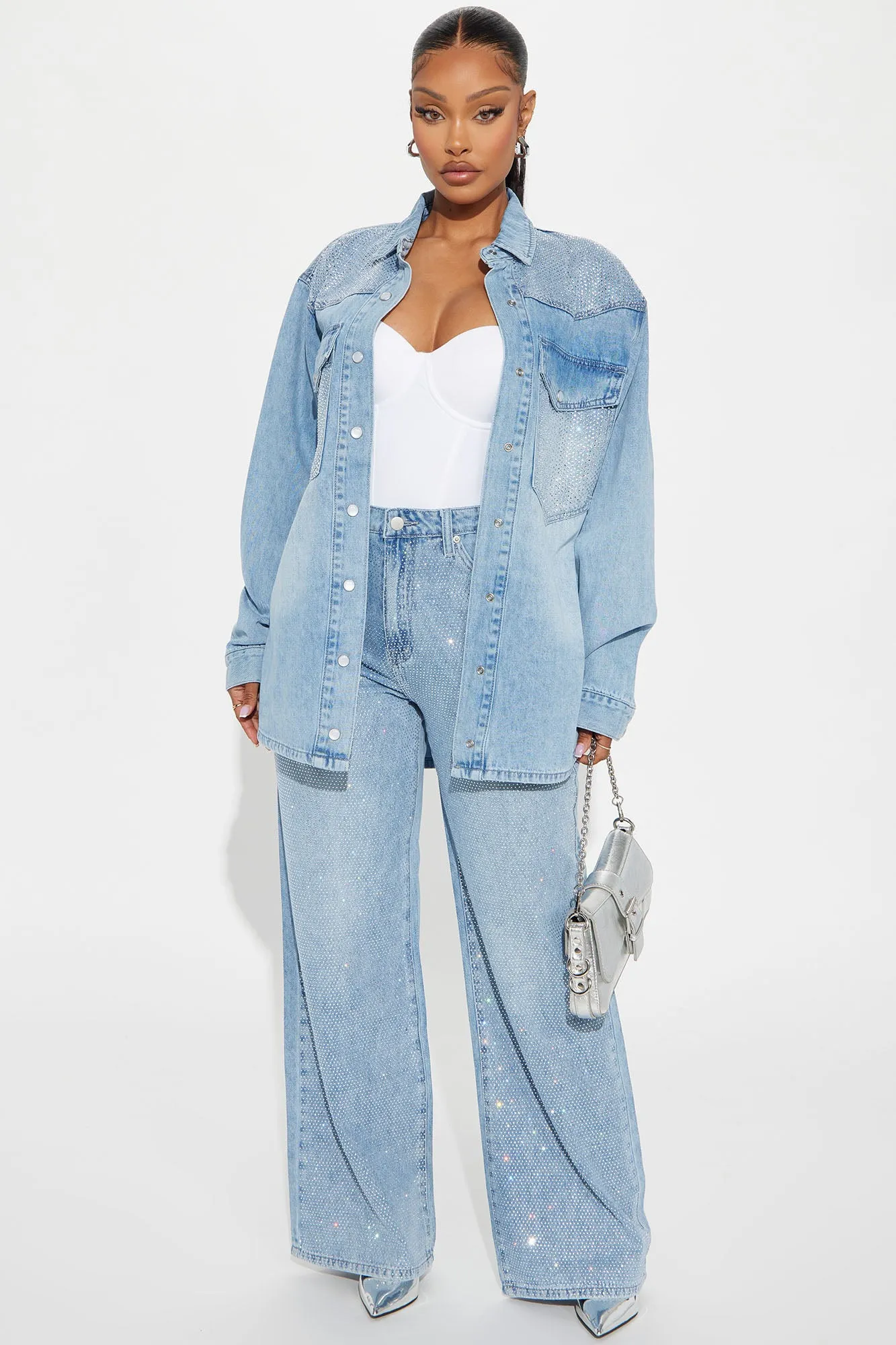 Better Perspective Embellished Denim Shacket - Light Wash