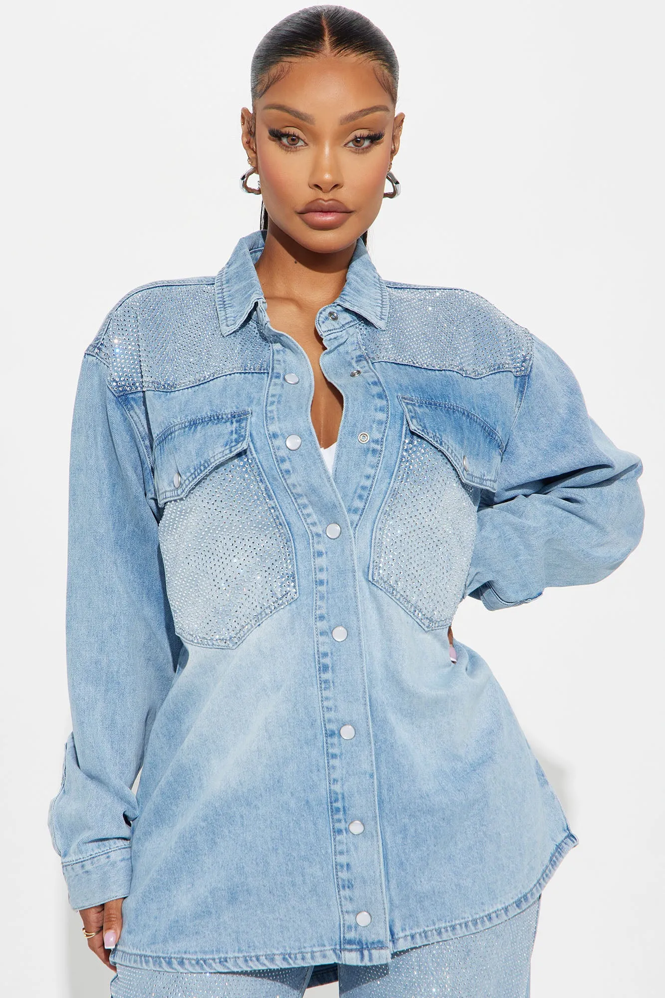 Better Perspective Embellished Denim Shacket - Light Wash