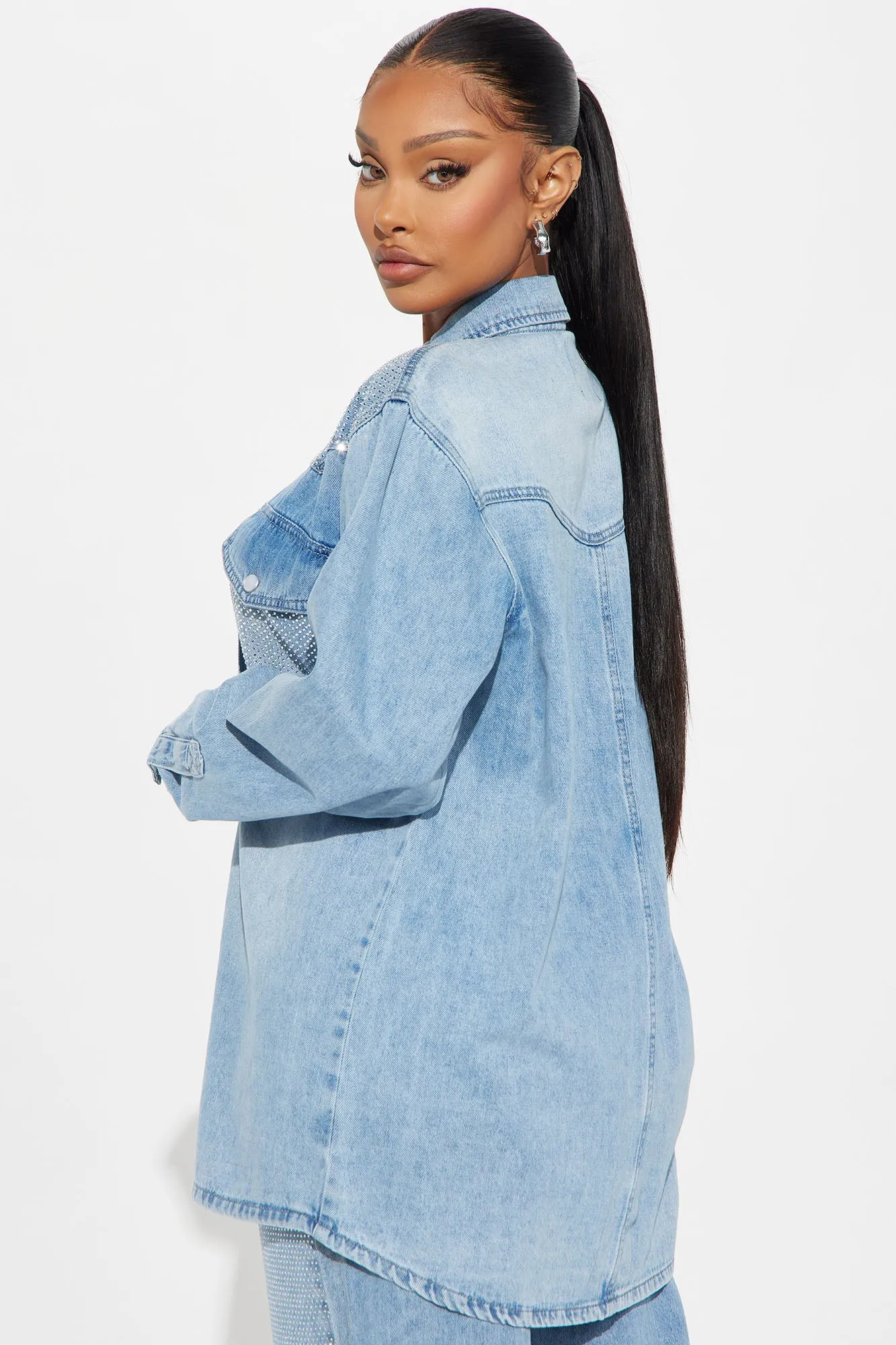 Better Perspective Embellished Denim Shacket - Light Wash