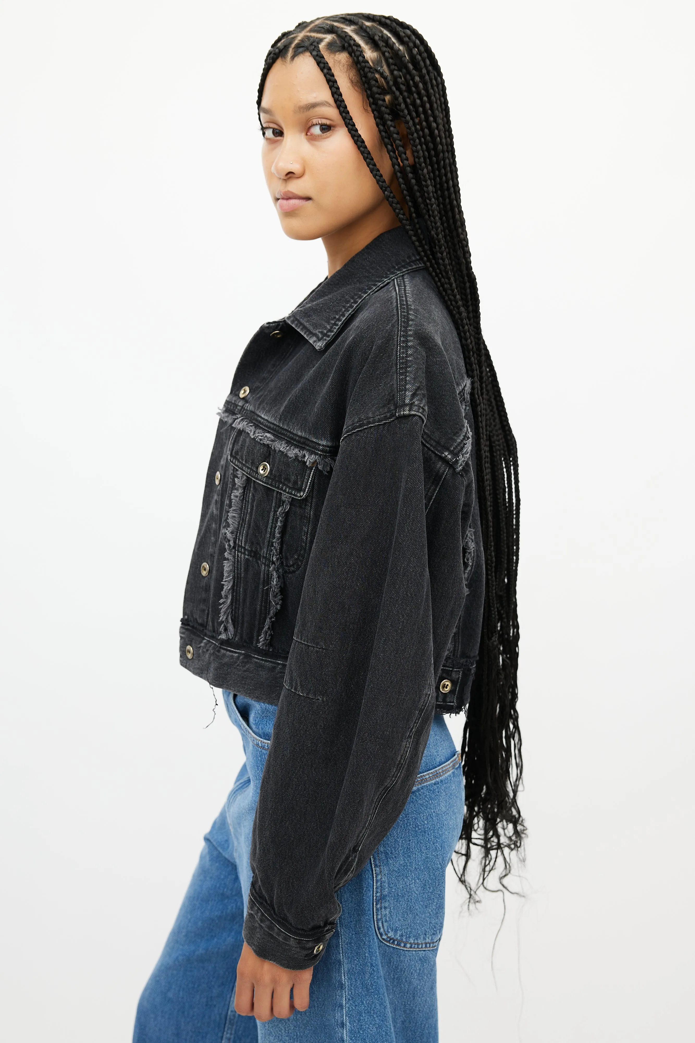 Black Denim Cropped Fringe Jean Jacket