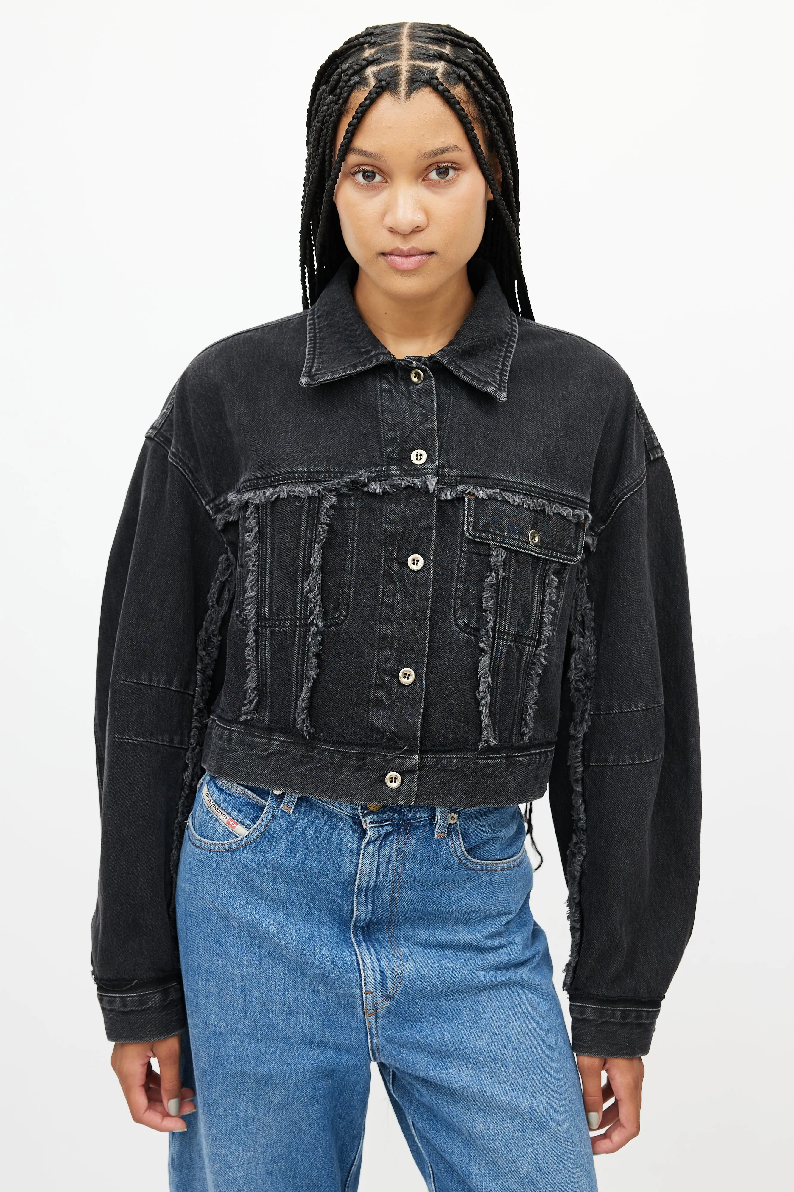 Black Denim Cropped Fringe Jean Jacket