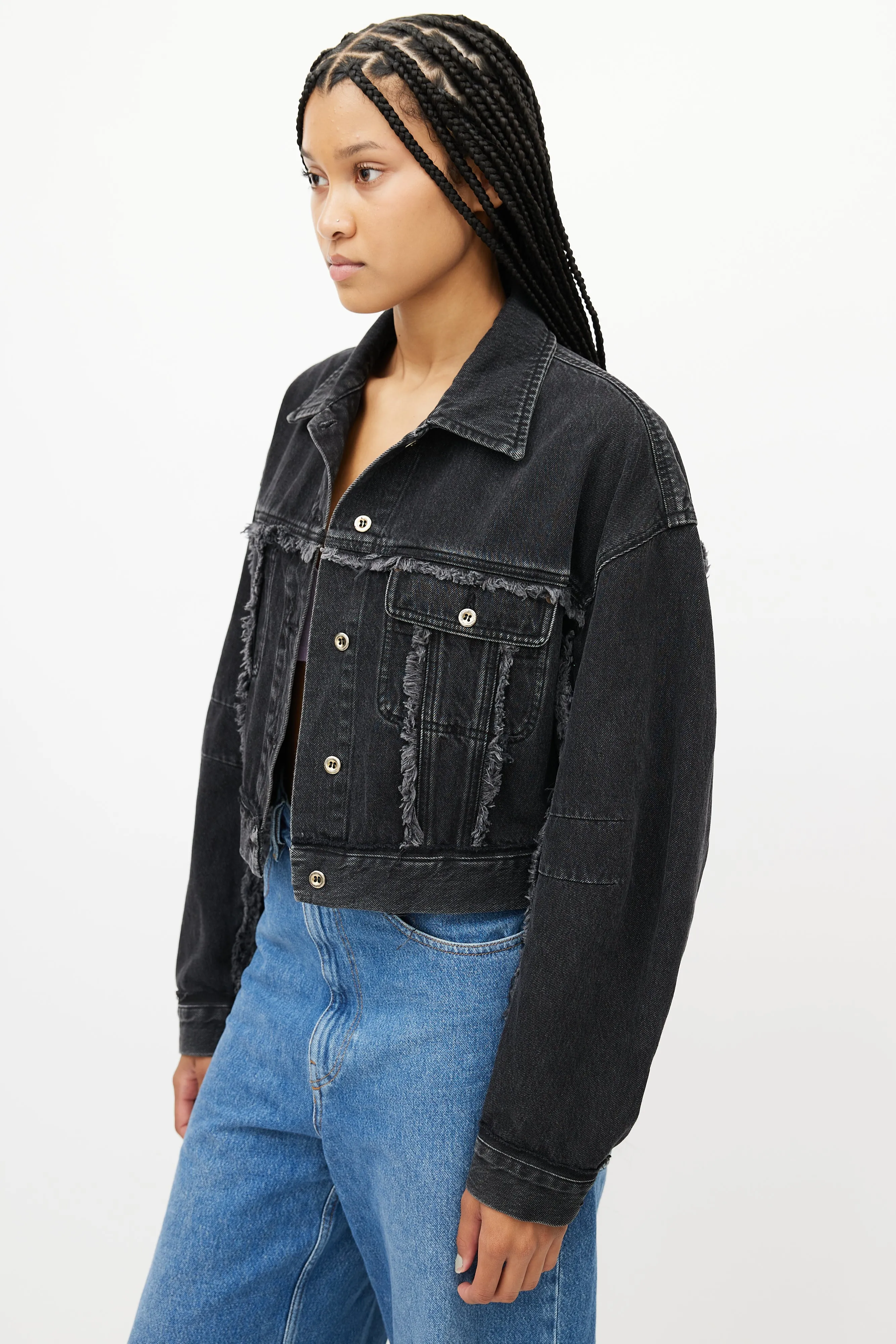 Black Denim Cropped Fringe Jean Jacket