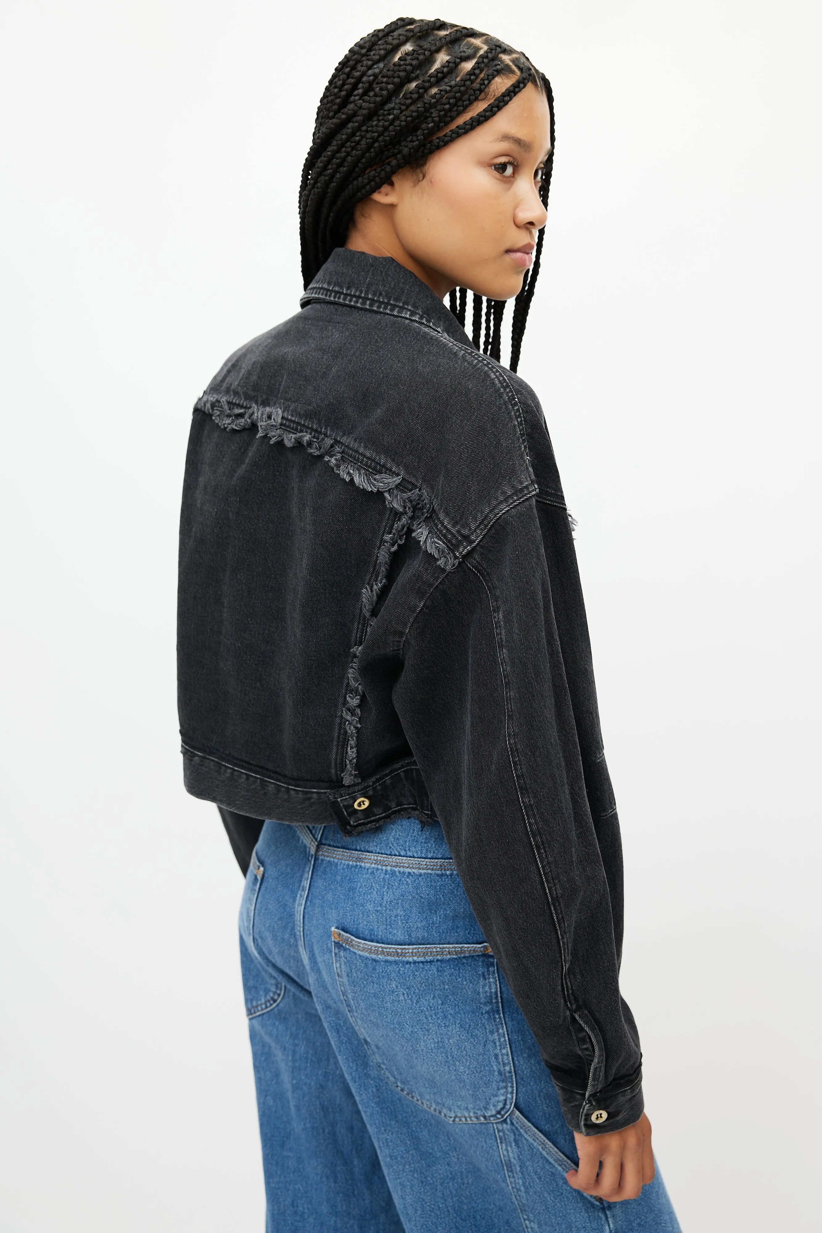 Black Denim Cropped Fringe Jean Jacket