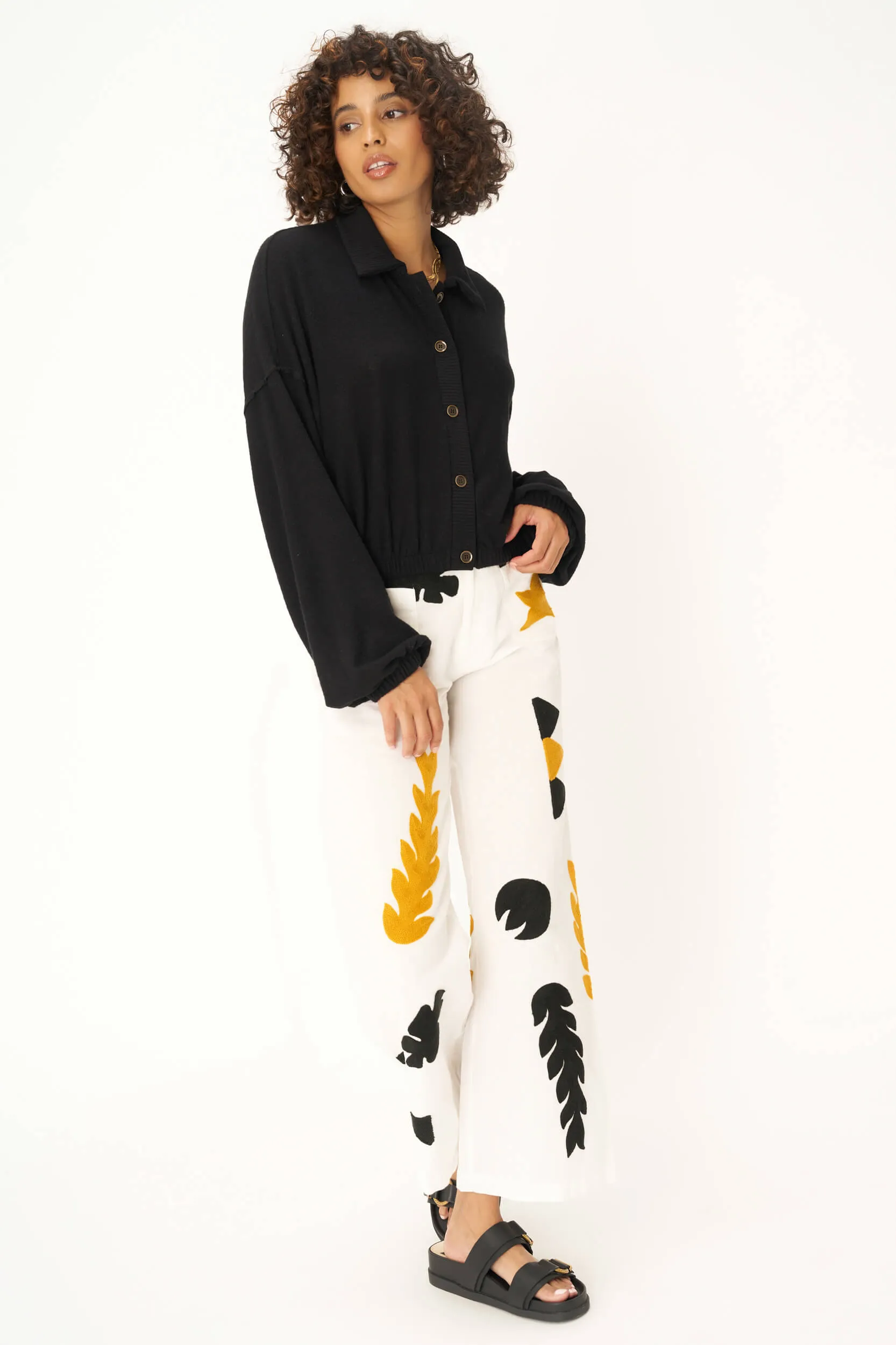 Ciara Collared Button Front Cozy Top - Black