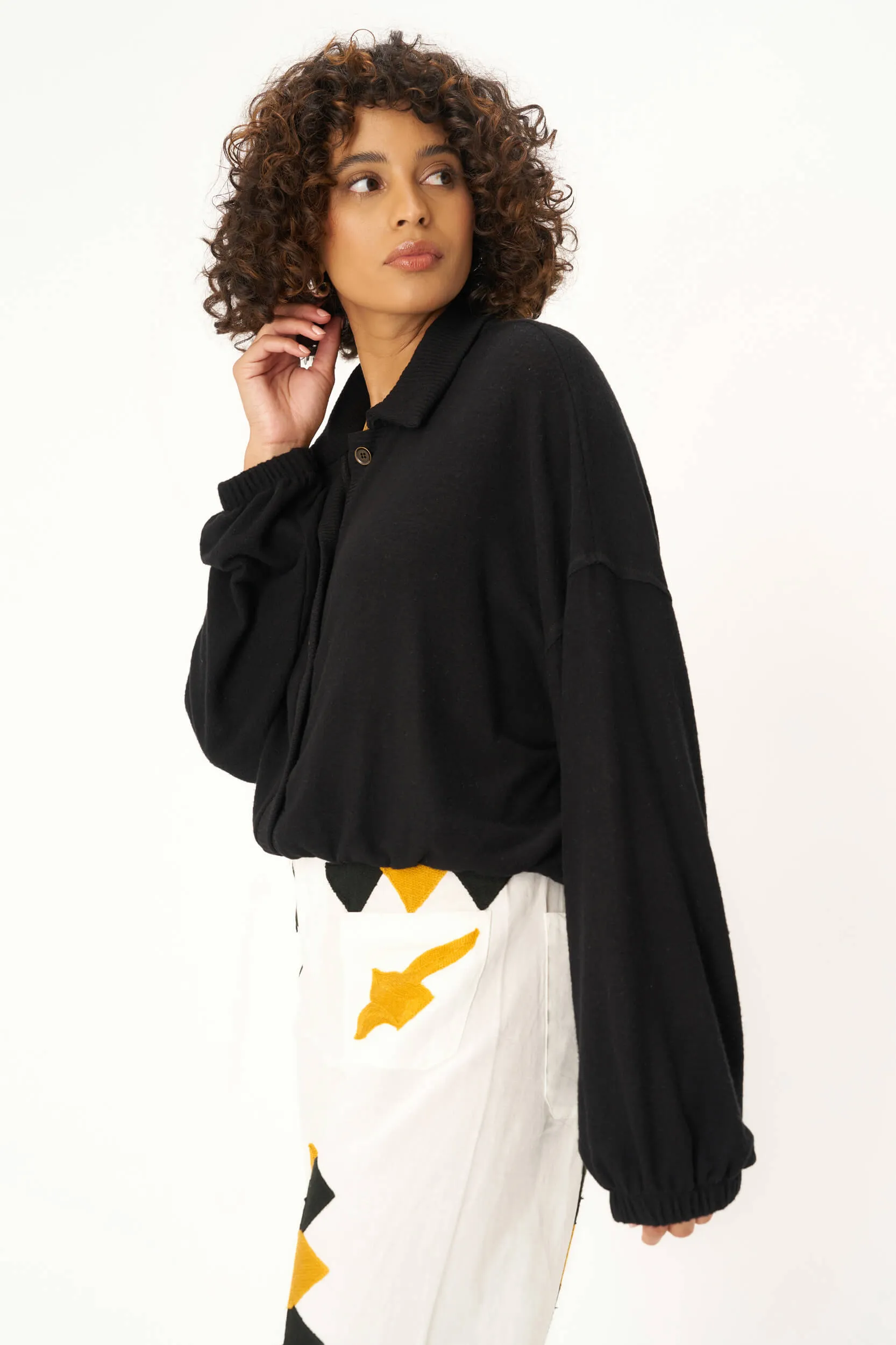 Ciara Collared Button Front Cozy Top - Black