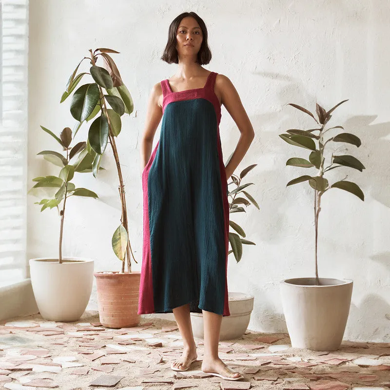 Cotton Solid Dress For Women | Mid Length | Square Neck | Blue