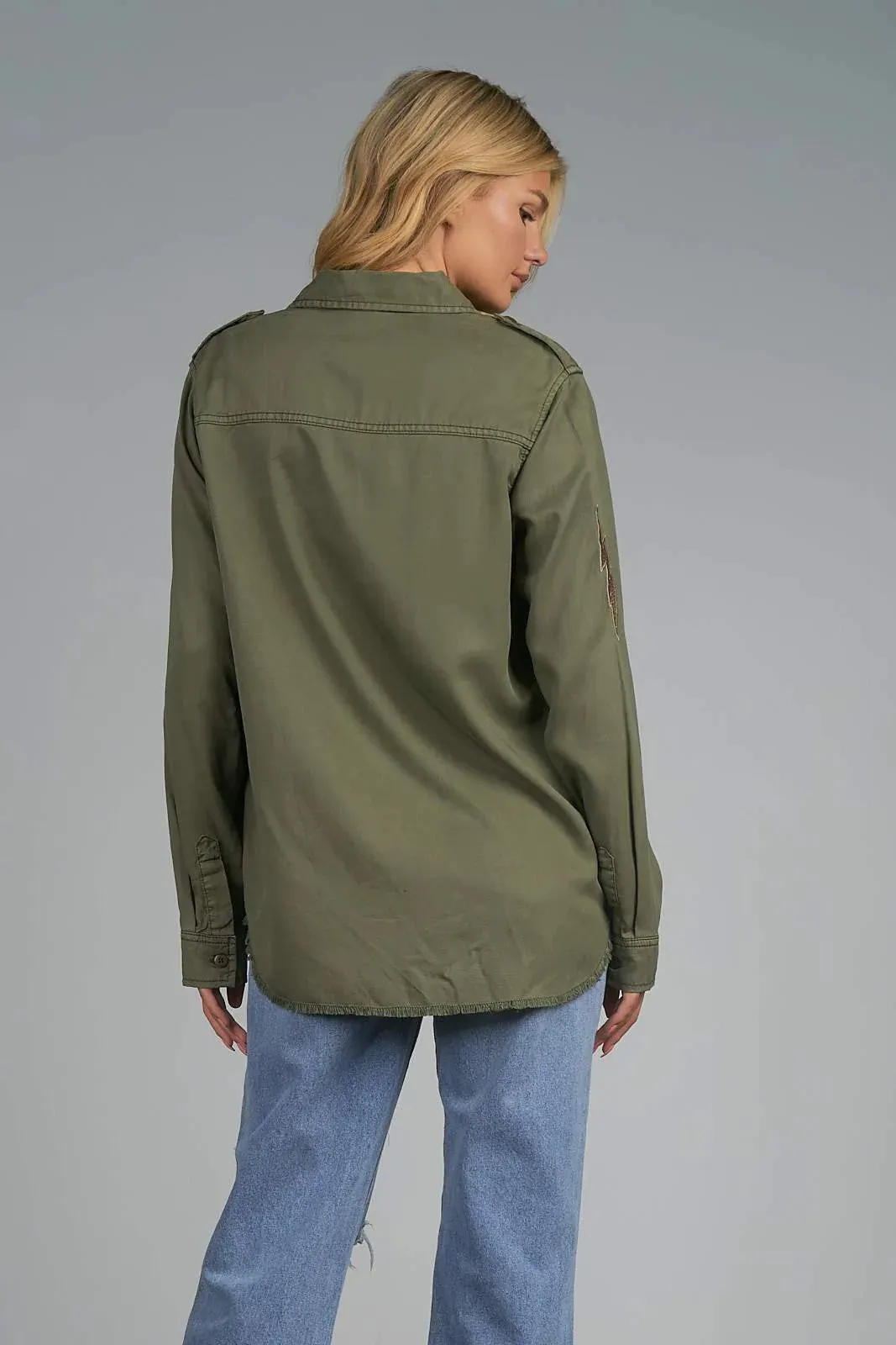 Elan Olive Green Distressed Shacket