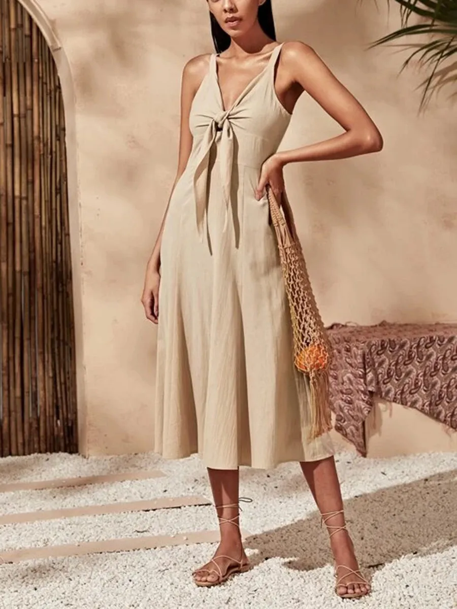 Elegant V-neck Neckline Knotted Slip Midi Dress