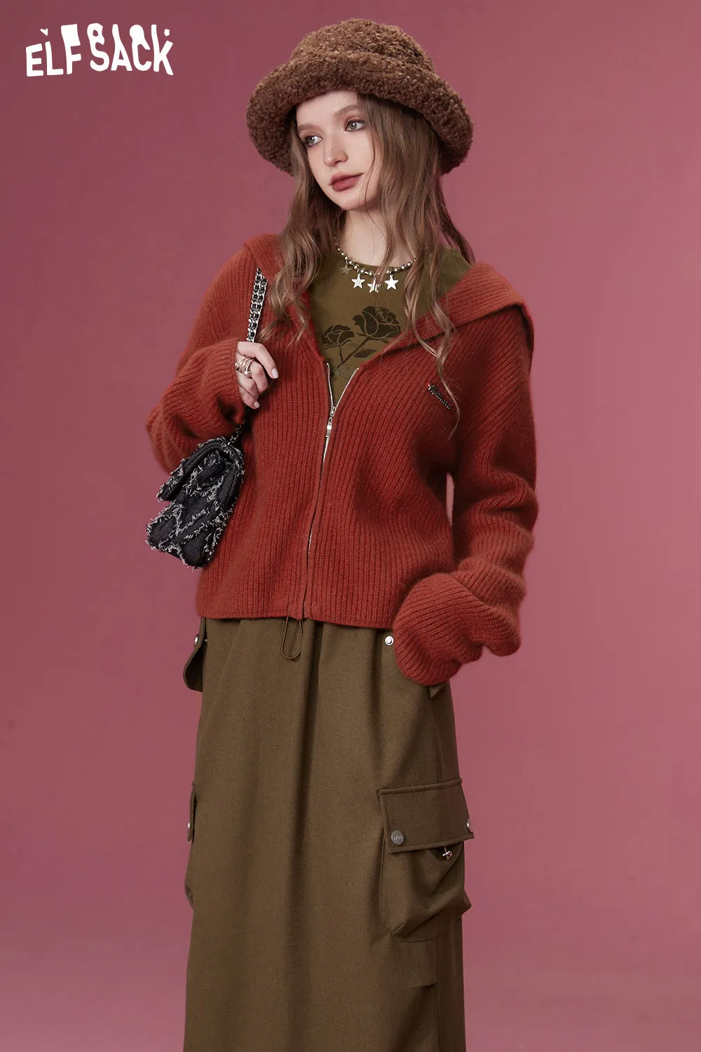 ELFSACK 2000s Zip Up Sweaters Women 2023 Winter Retro Luxury Designer Knitwears