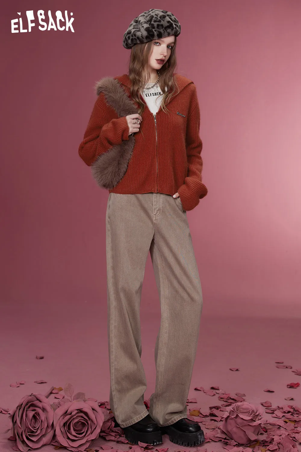 ELFSACK 2000s Zip Up Sweaters Women 2023 Winter Retro Luxury Designer Knitwears