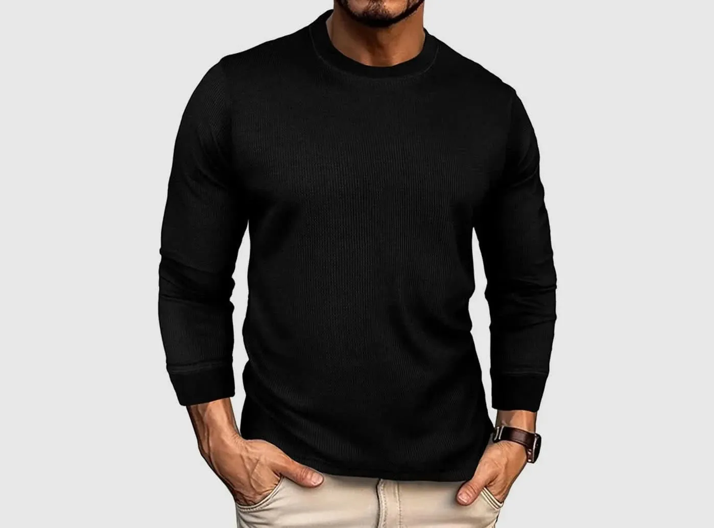 FitVille Men's Waffle-Knit Long-Sleeve Outdoor Crewneck
