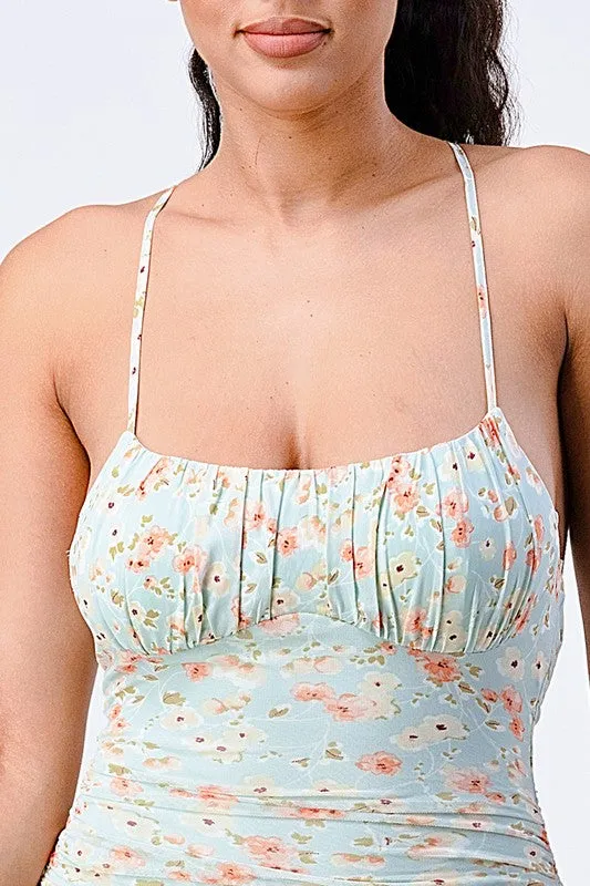 FLORAL SHIRRING RUCHED BODYCON MINI DRESS