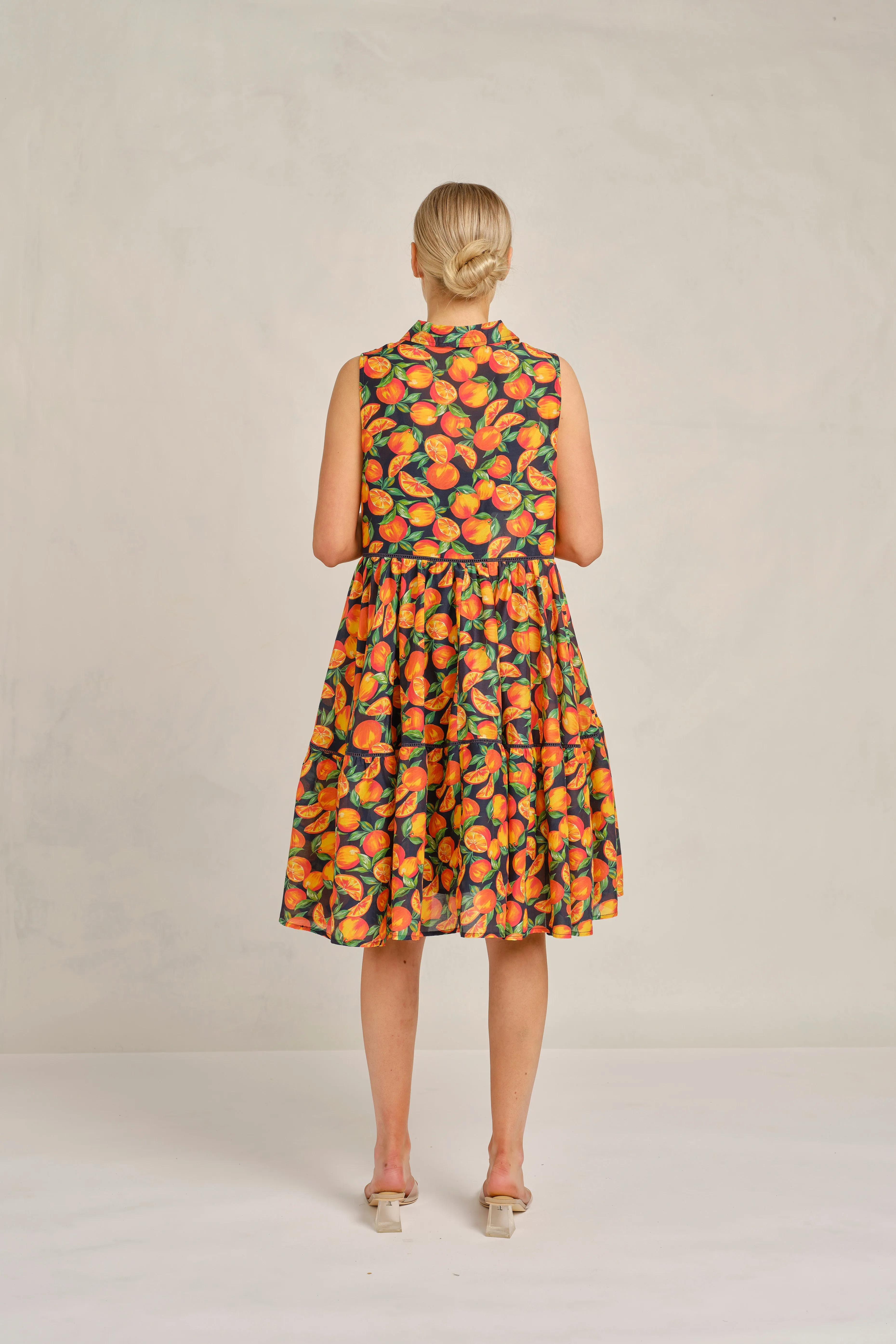Gigi Cotton Silk Dress in Navy Valencia Print