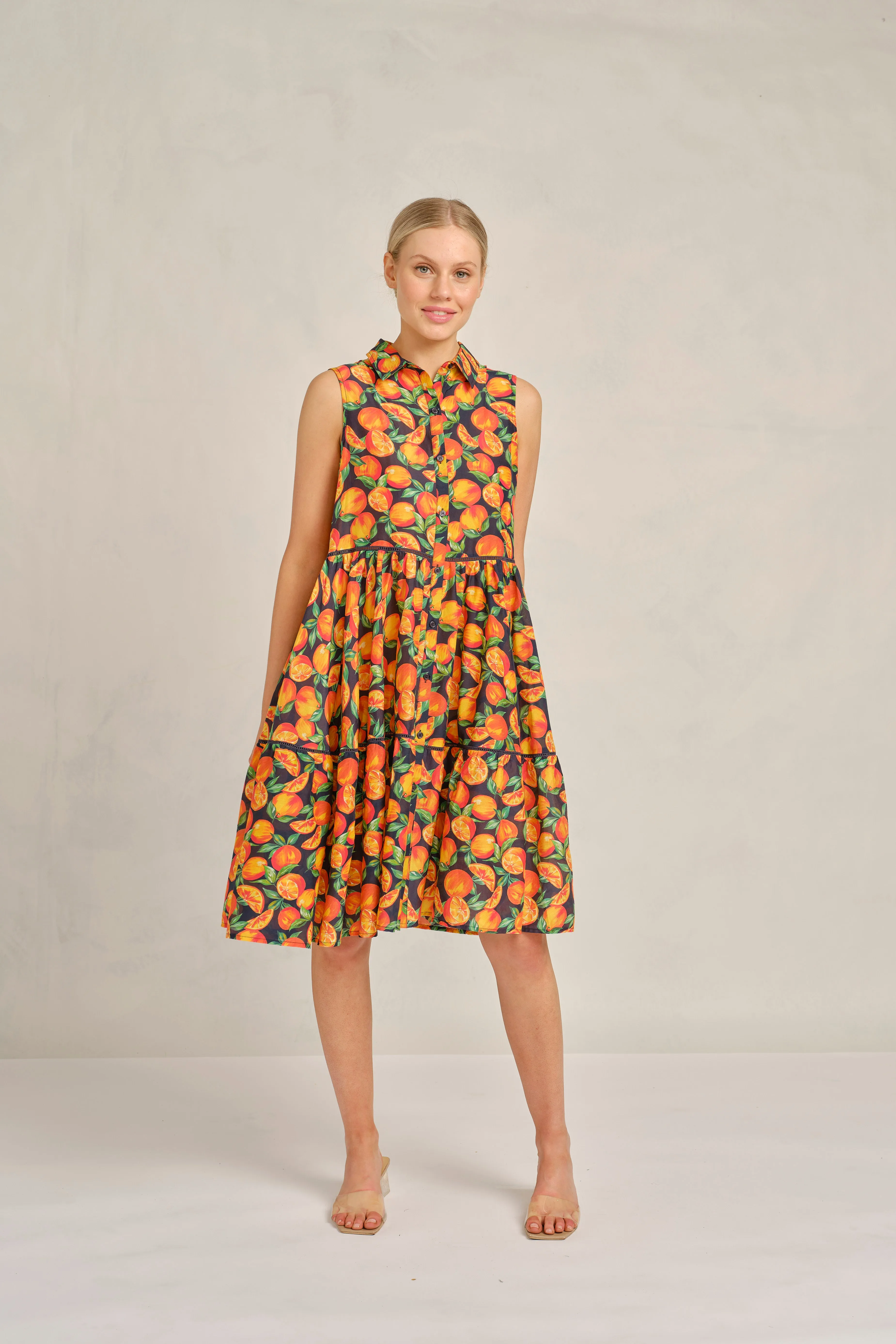 Gigi Cotton Silk Dress in Navy Valencia Print