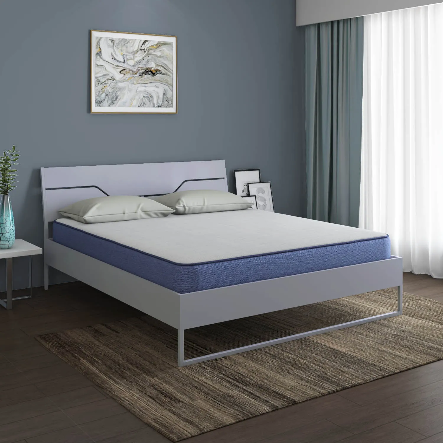 Grande Wood and Metal Hybrid Bed (Grey)   Plus Memory Foam Mattress (Queen)