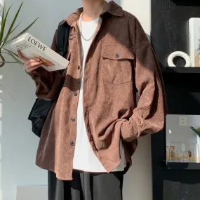 Ilooove - Japan Vintage Jacket 2023 Autumn Corduroy Solid Color Jackets Men Loose Casual Long Sleeved Coat Male Clothing Outwear Hip Hop