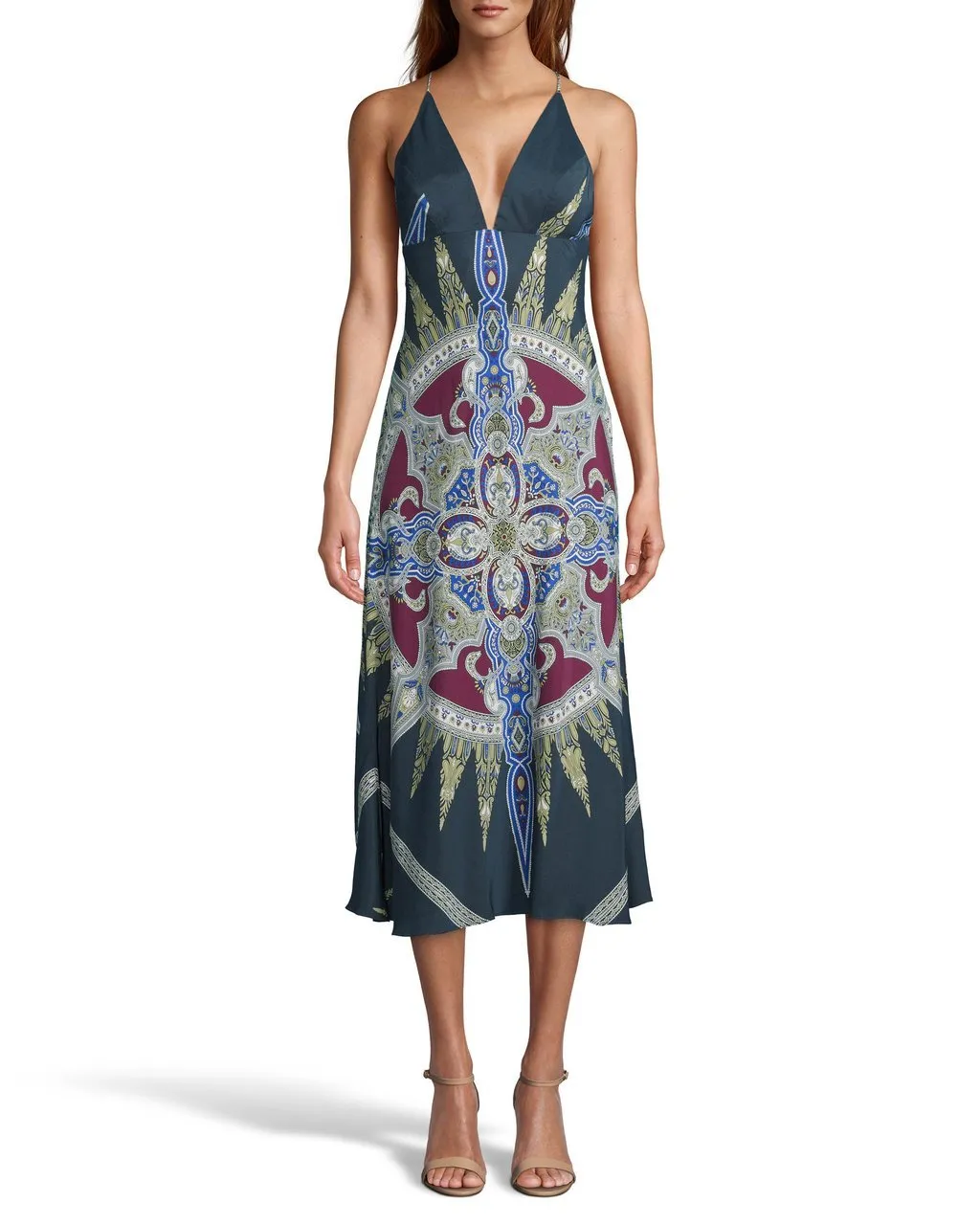 INDIGO MEDALLION SILK MIDI SLIP DRESS in INDIGO