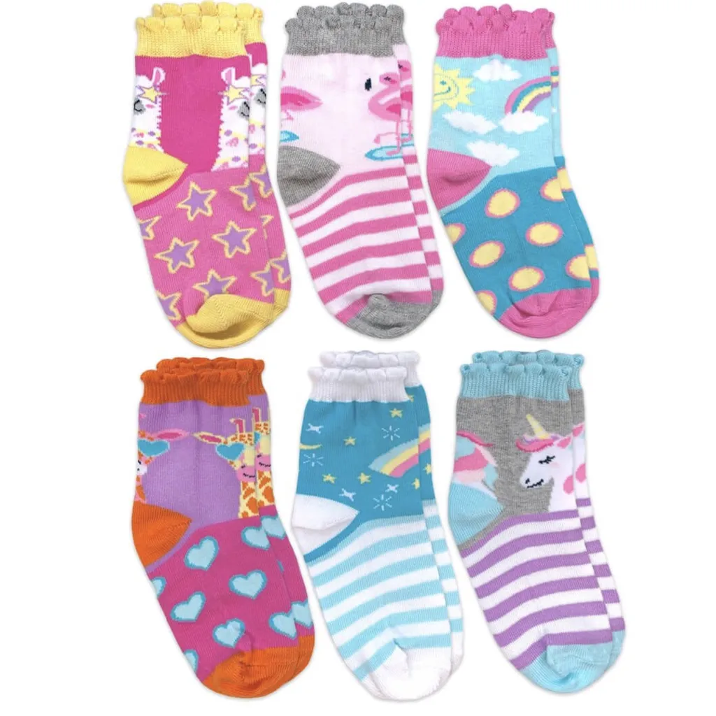 Jefferies Unicorn, Llama, Giraffe, Flamingo Pattern Crew Socks (6 Pair Pack)