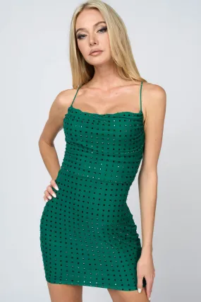 LUXE SQUARE STONES MESH COWL NECK MINI DRESS