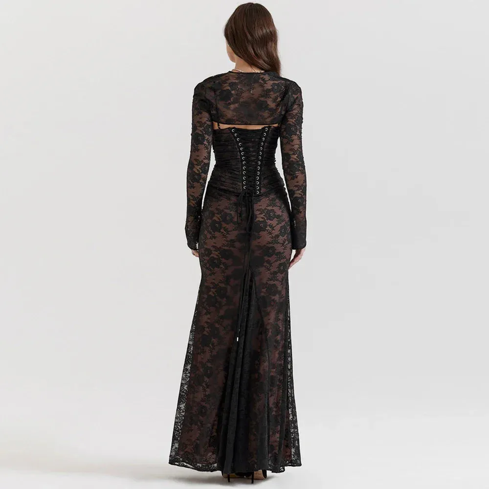 LVSANW Sladuo Women Vintage Elegant Long Sleeve Lace  Maxi Dress Slim Evening Cocktail Party Dresses Chic Back Bandage Outfit Robe