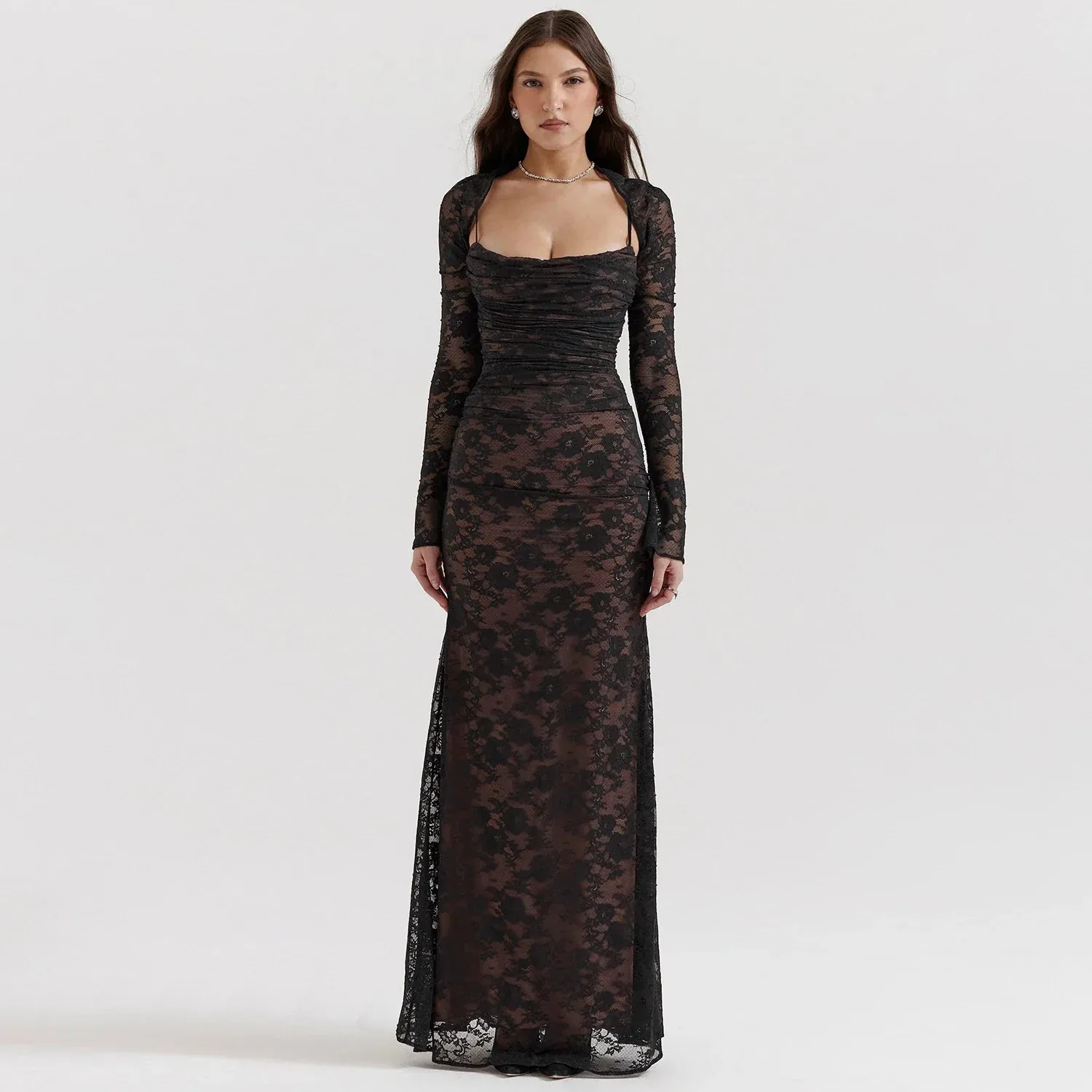 LVSANW Sladuo Women Vintage Elegant Long Sleeve Lace  Maxi Dress Slim Evening Cocktail Party Dresses Chic Back Bandage Outfit Robe