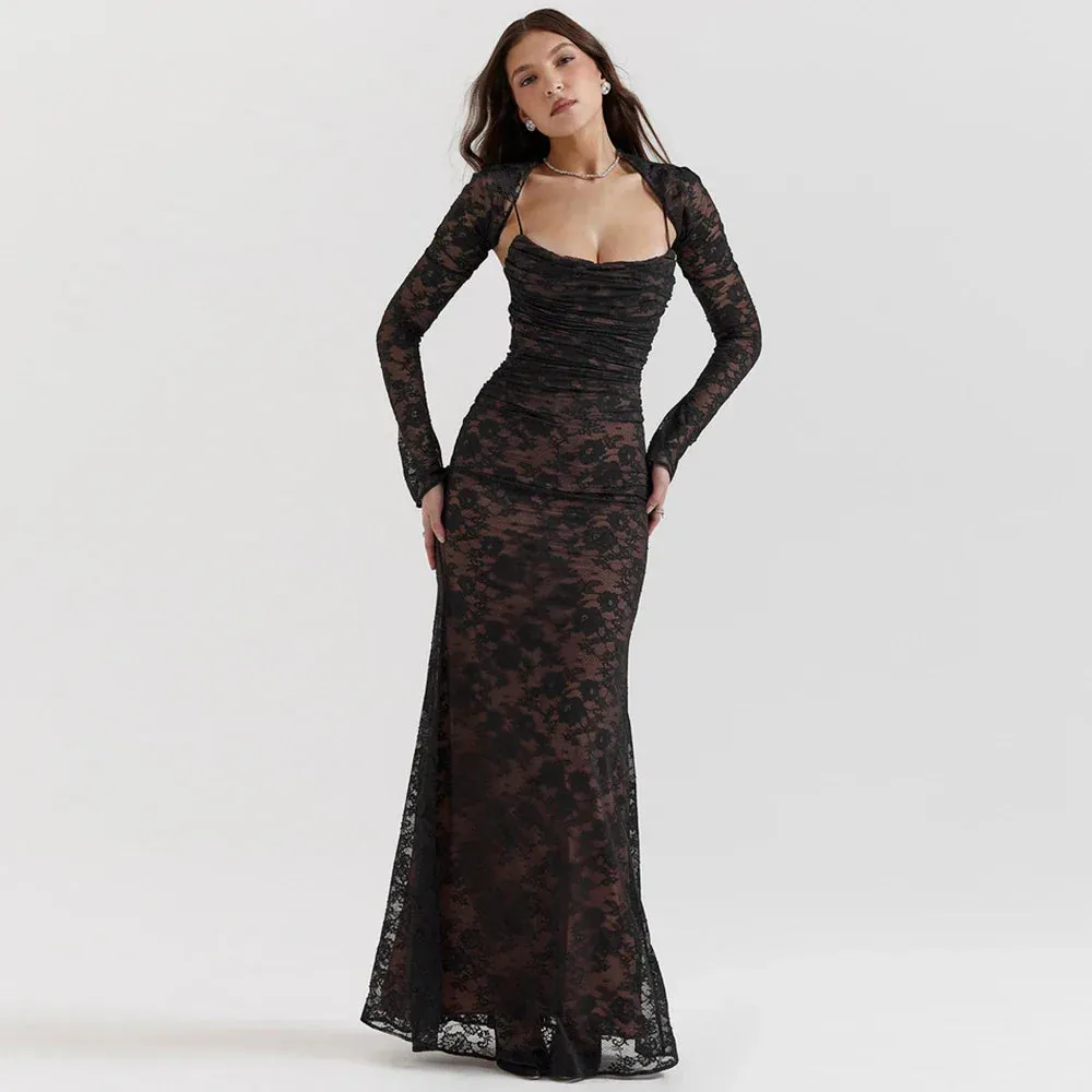 LVSANW Sladuo Women Vintage Elegant Long Sleeve Lace  Maxi Dress Slim Evening Cocktail Party Dresses Chic Back Bandage Outfit Robe