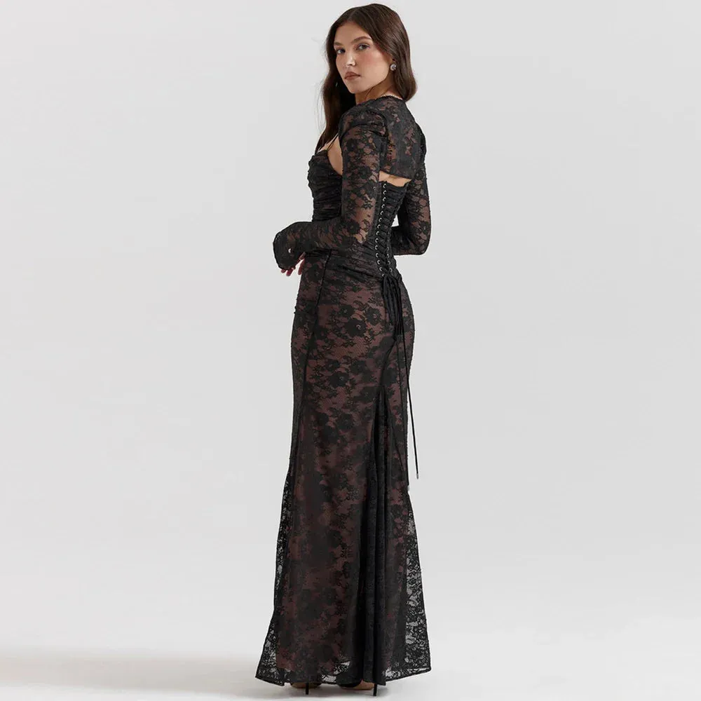 LVSANW Sladuo Women Vintage Elegant Long Sleeve Lace  Maxi Dress Slim Evening Cocktail Party Dresses Chic Back Bandage Outfit Robe