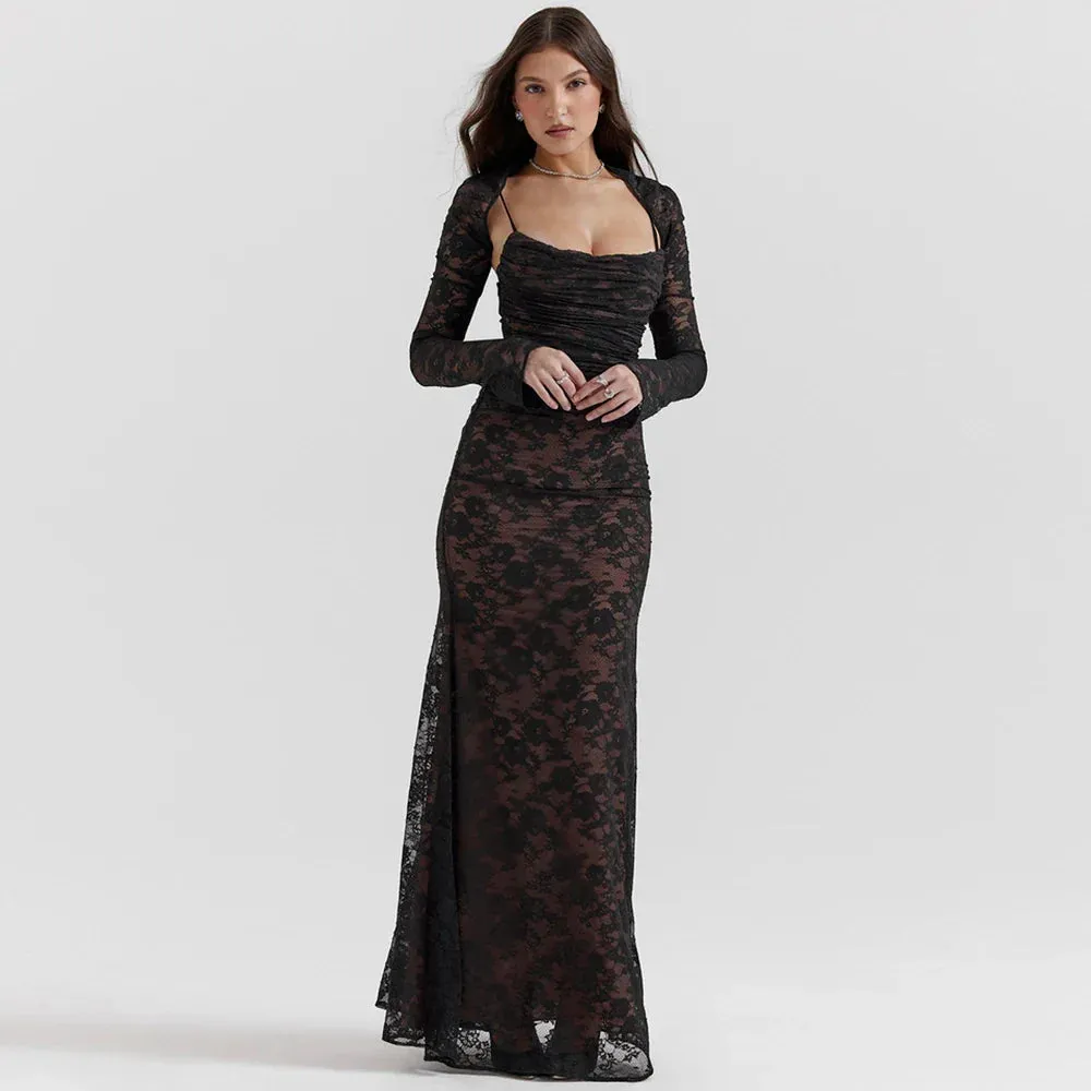 LVSANW Sladuo Women Vintage Elegant Long Sleeve Lace  Maxi Dress Slim Evening Cocktail Party Dresses Chic Back Bandage Outfit Robe