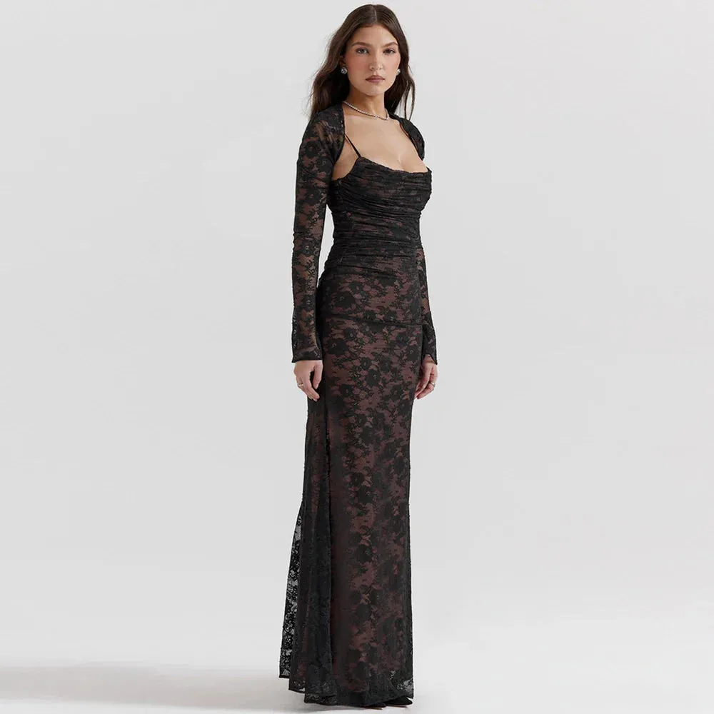 LVSANW Sladuo Women Vintage Elegant Long Sleeve Lace  Maxi Dress Slim Evening Cocktail Party Dresses Chic Back Bandage Outfit Robe