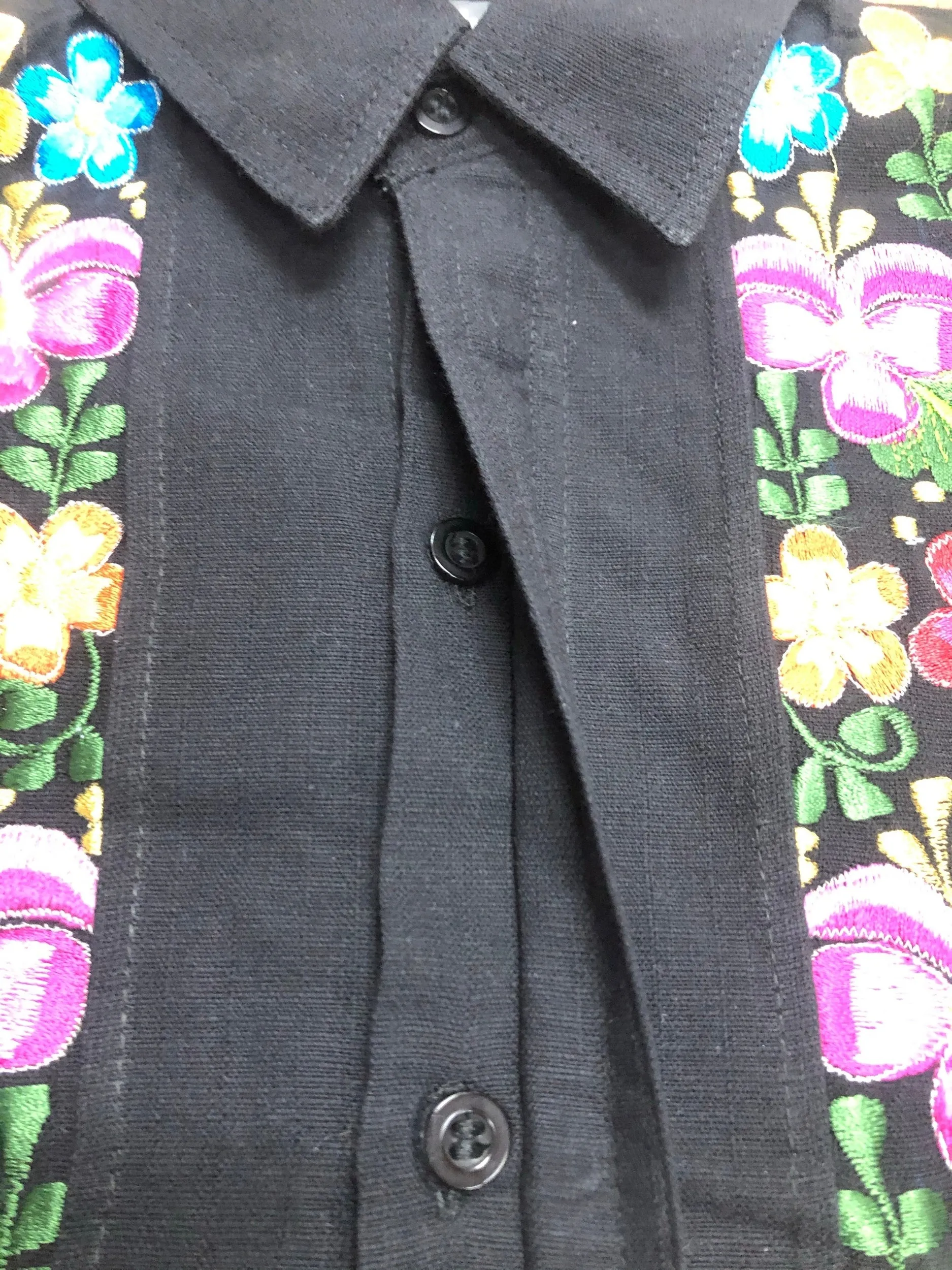 Men's Guayabera Floral Black Long Sleeve