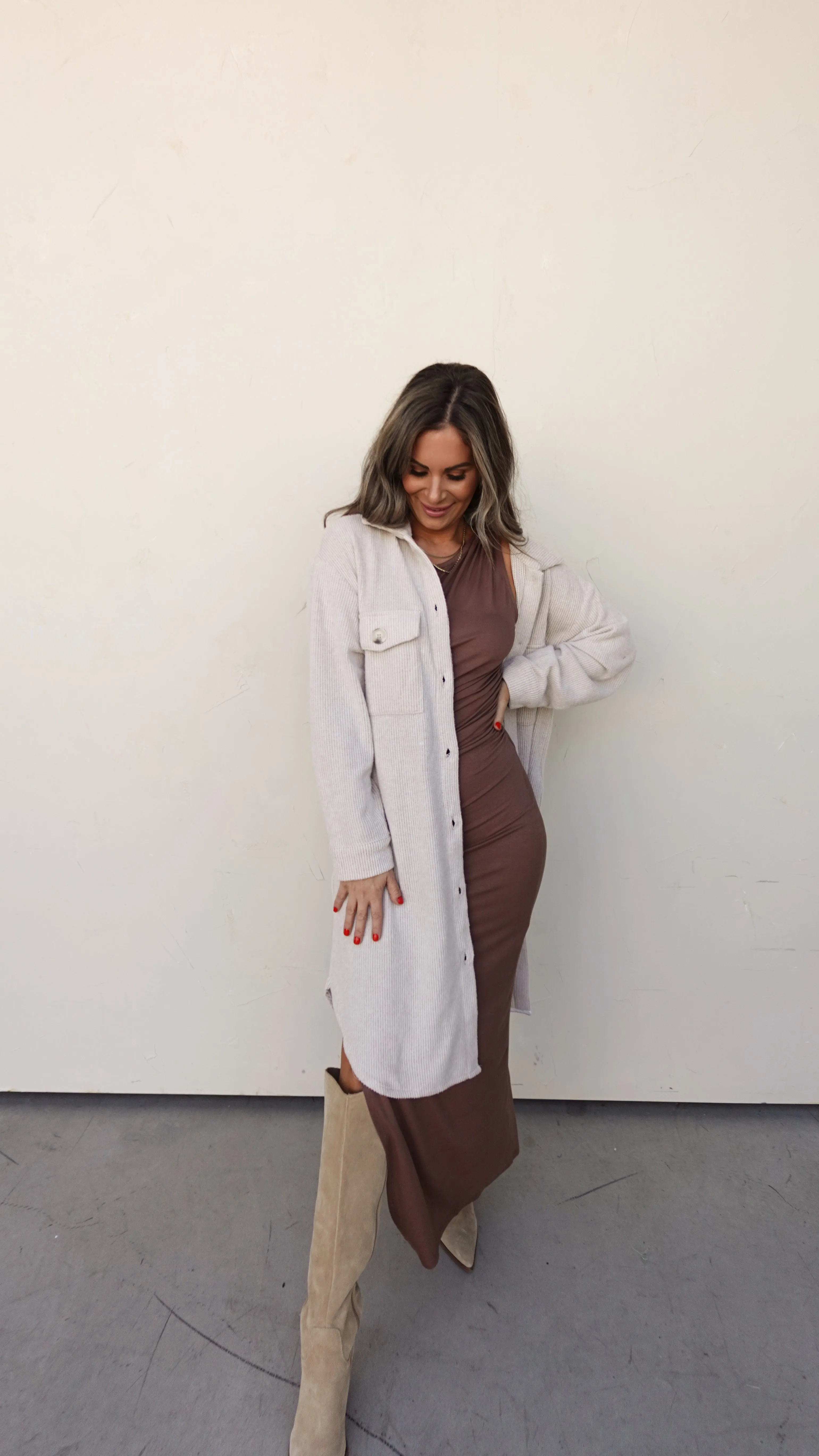 Oatmeal Longline Waffle Knit Shacket