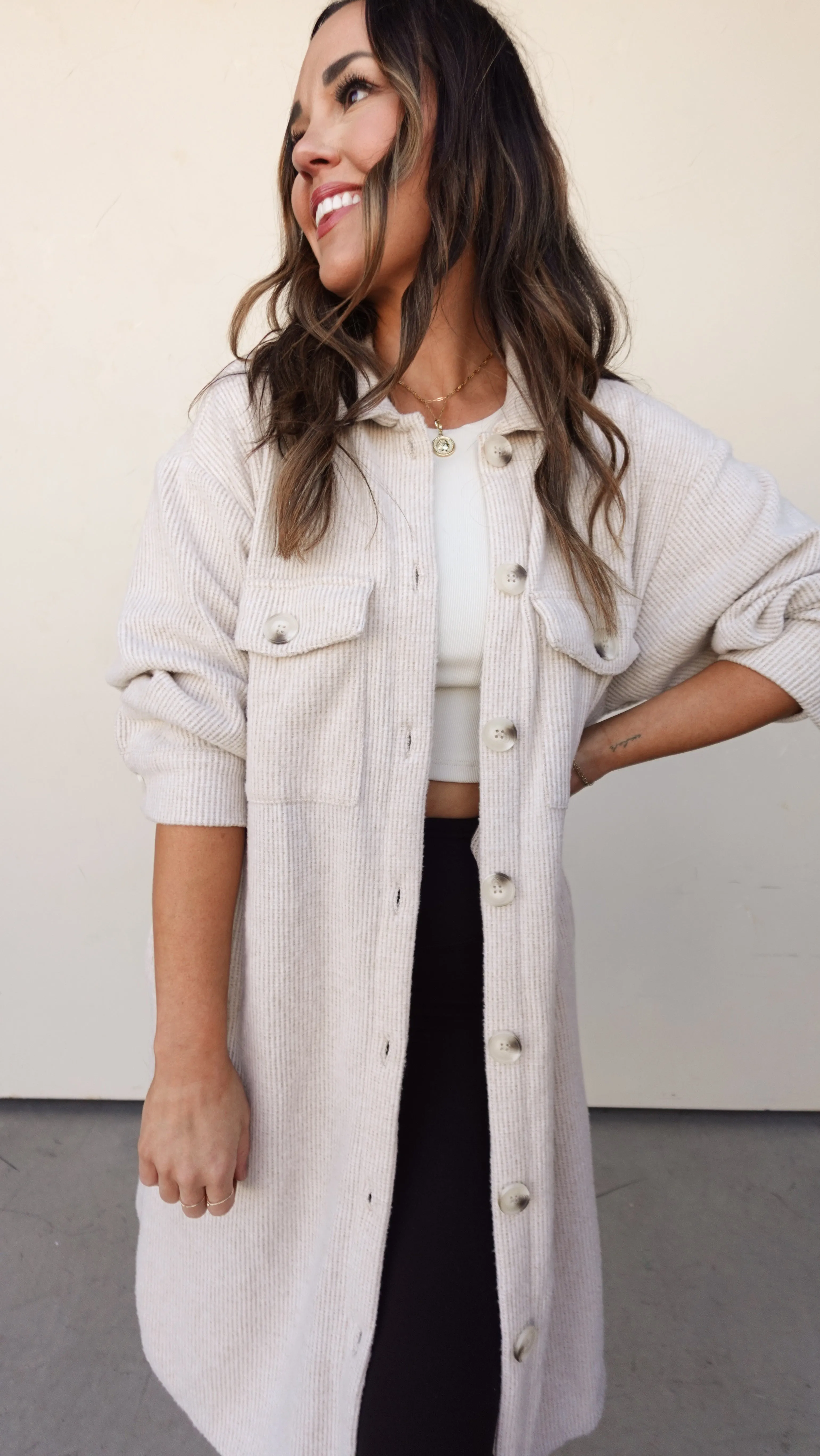 Oatmeal Longline Waffle Knit Shacket