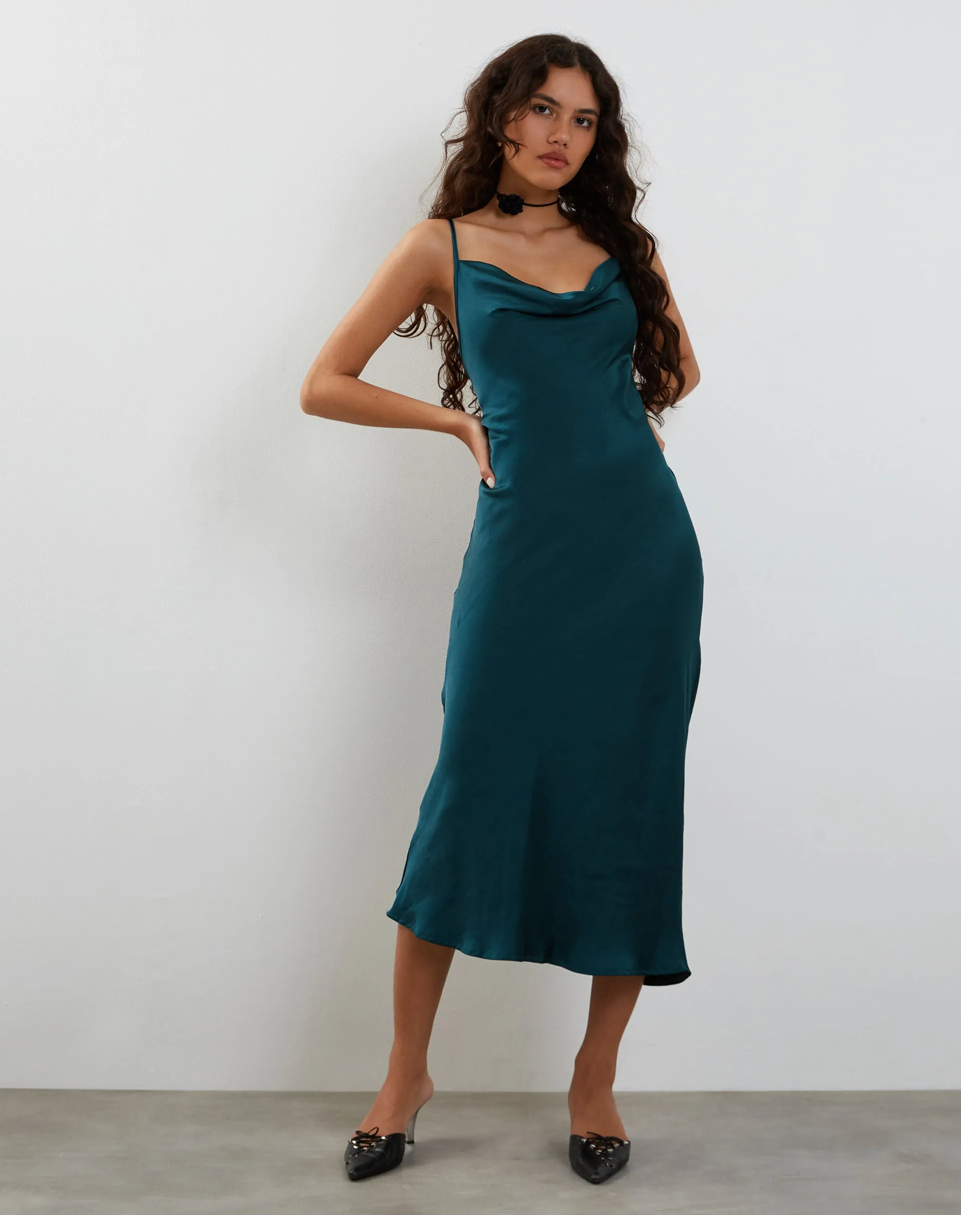 Palasha Midi Dress in Satin Green