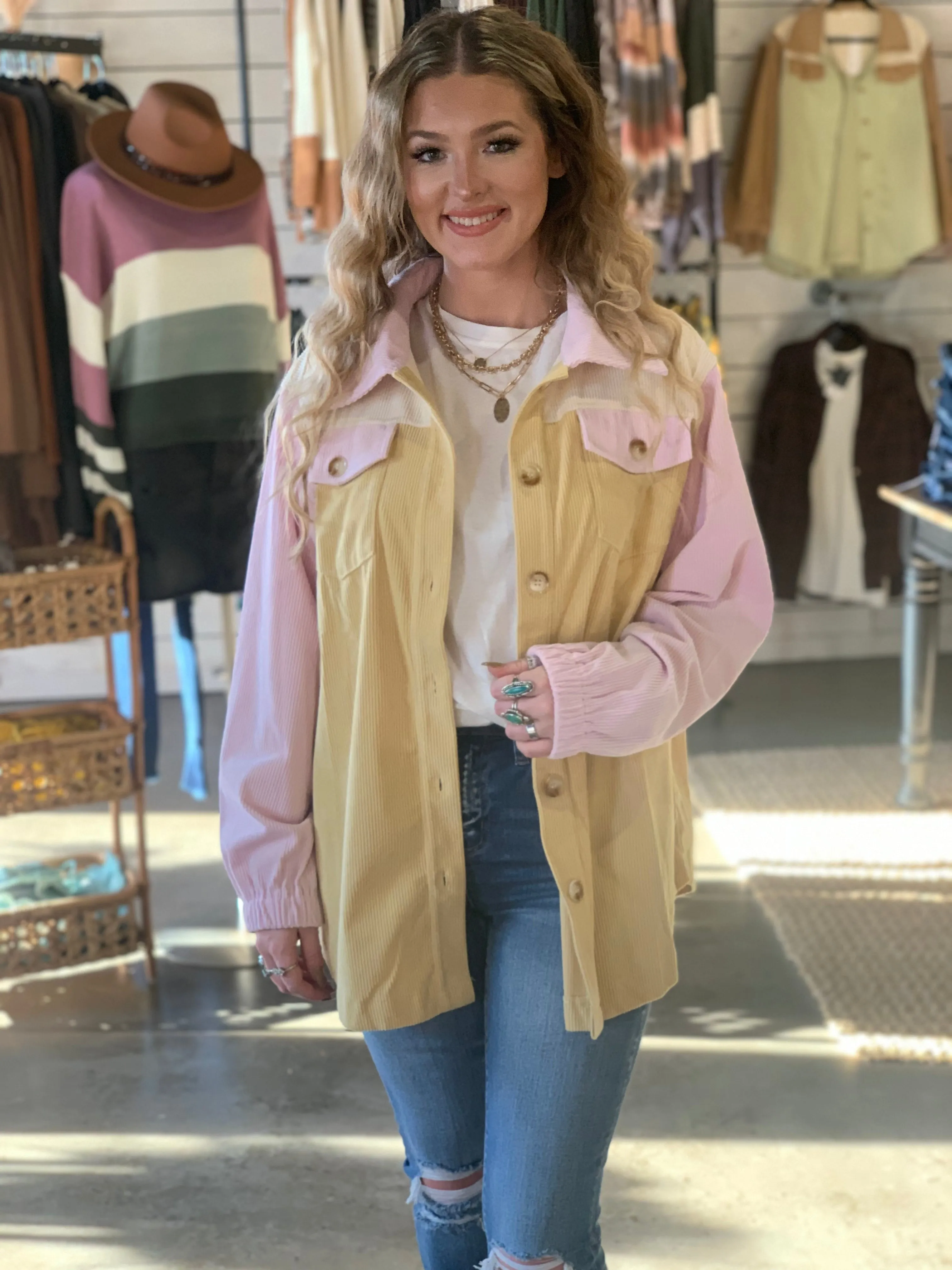 Pink and Yellow Color Block Corduroy Shacket