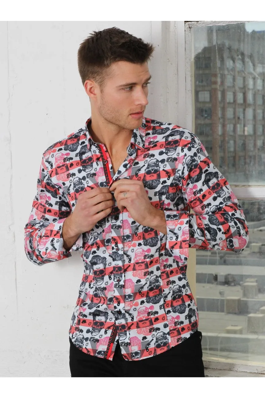 Red Skull Design Print Button Down Shirt W/ Trim