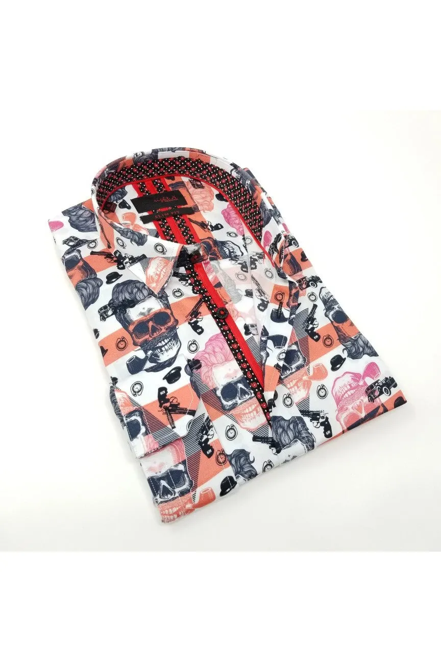 Red Skull Design Print Button Down Shirt W/ Trim