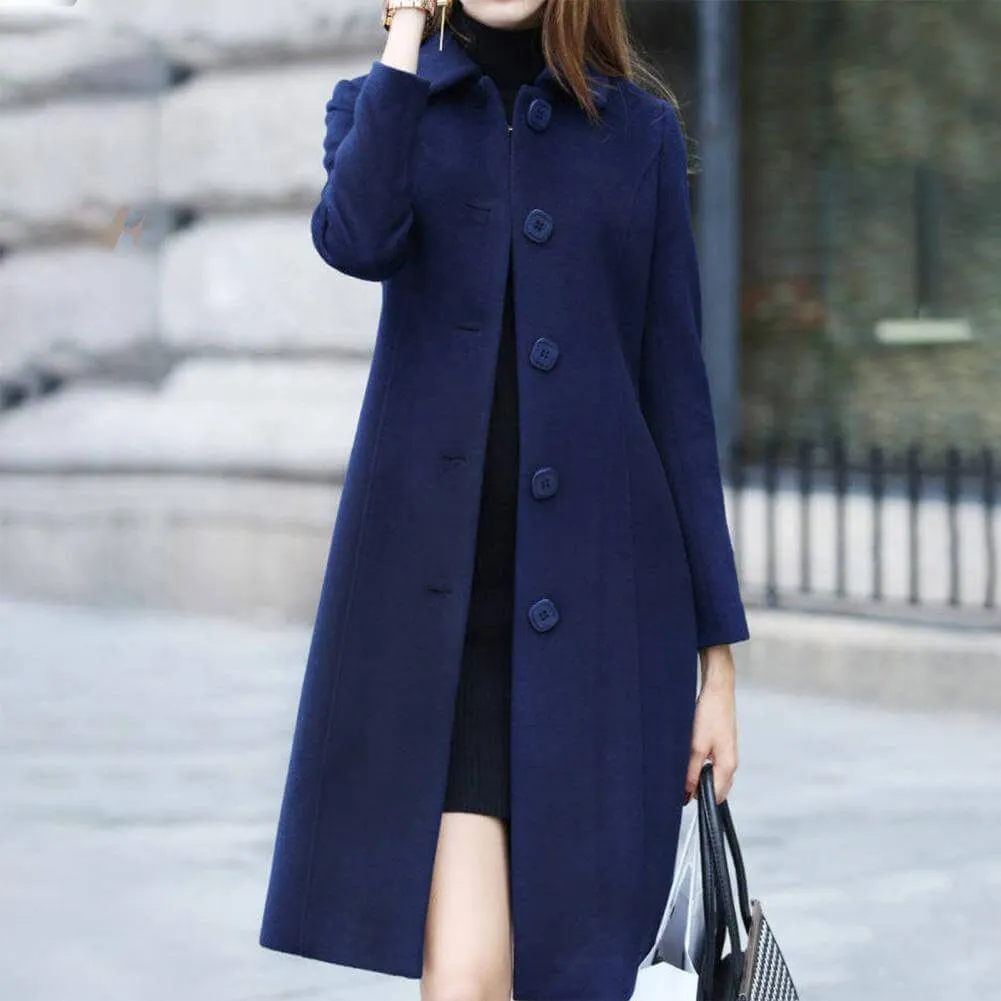S 4XL Autumn Women Coat Mid Length Single Breasted Solid Color Turn