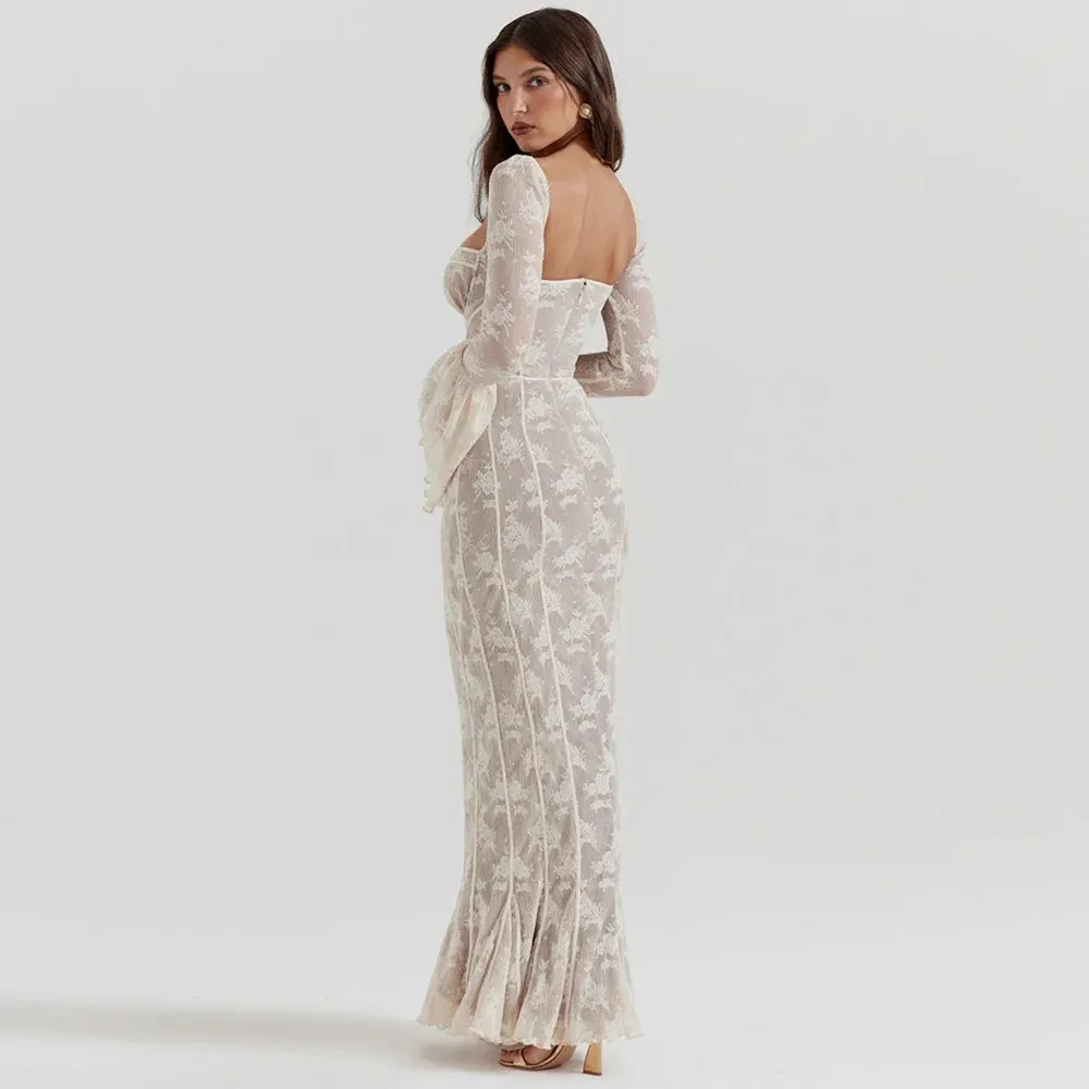Sladuo Elagant Vintage Floral Cream Lace Long Flare Sleeve Maxi Dress Women's Girls Sexy Lady Long Bodycon Evening Partywear