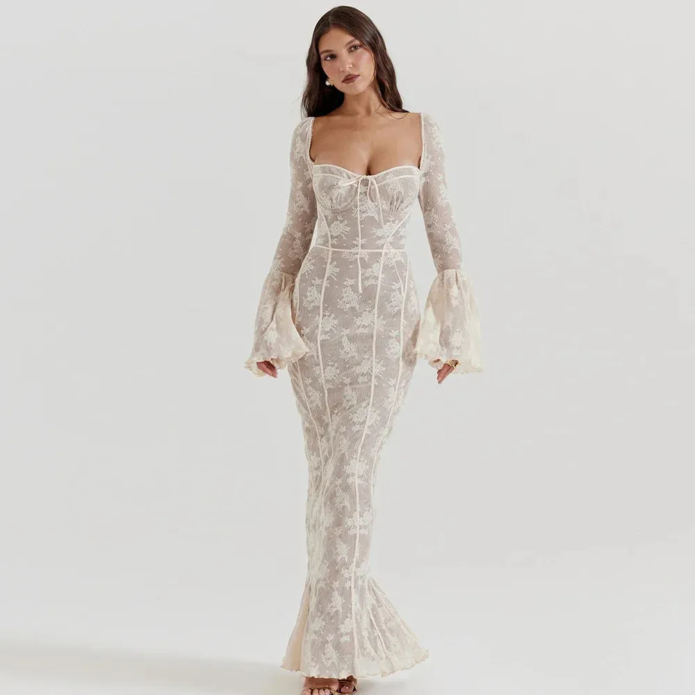 Sladuo Elagant Vintage Floral Cream Lace Long Flare Sleeve Maxi Dress Women's Girls Sexy Lady Long Bodycon Evening Partywear